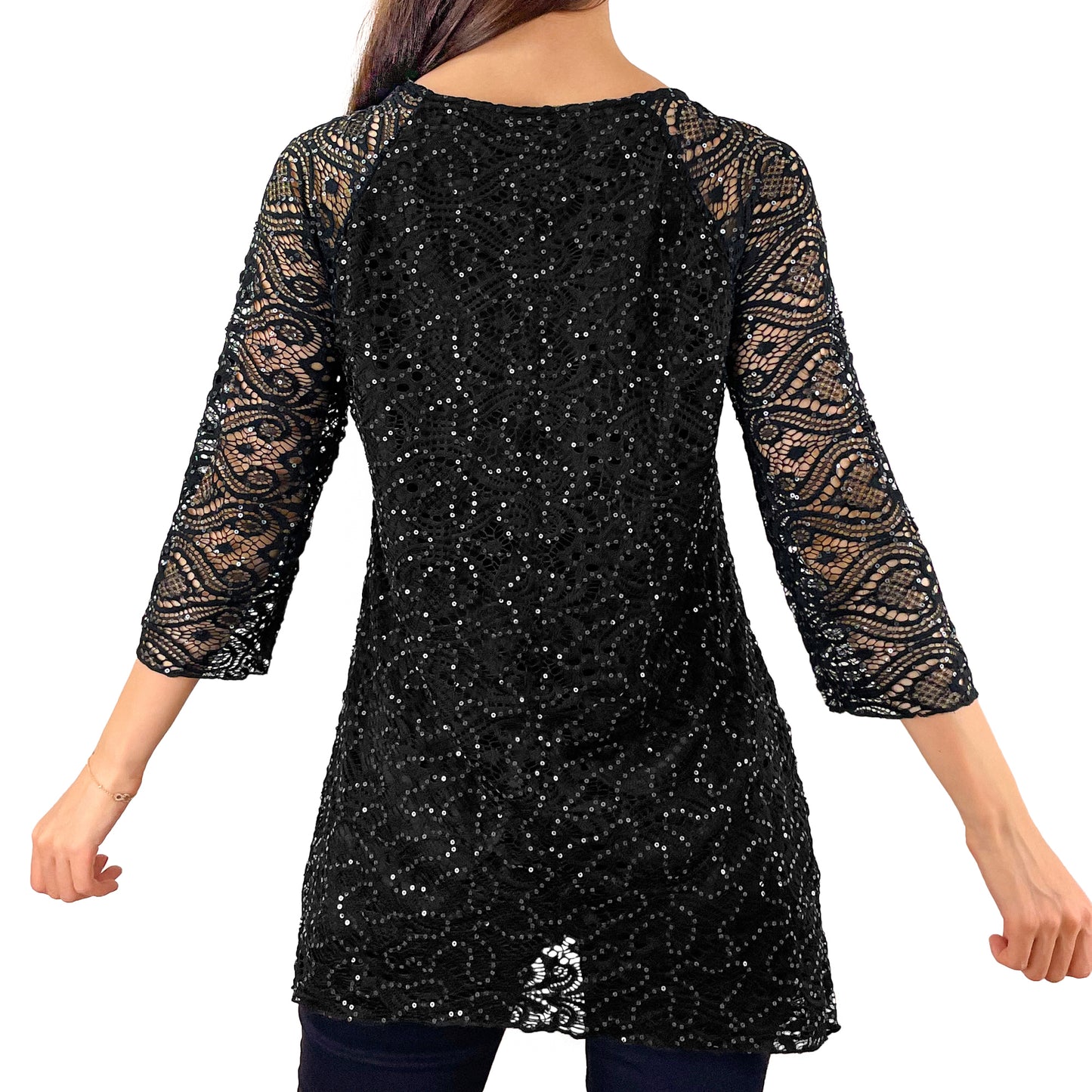 3/4 Sleeve Classic Black Floral Glitter Sequins Lace Top