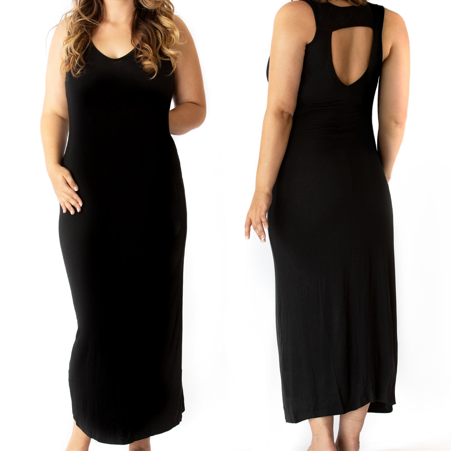 V-Neck Soft Stretchy Maxi Dress (Solid Black Color/Size Medium)