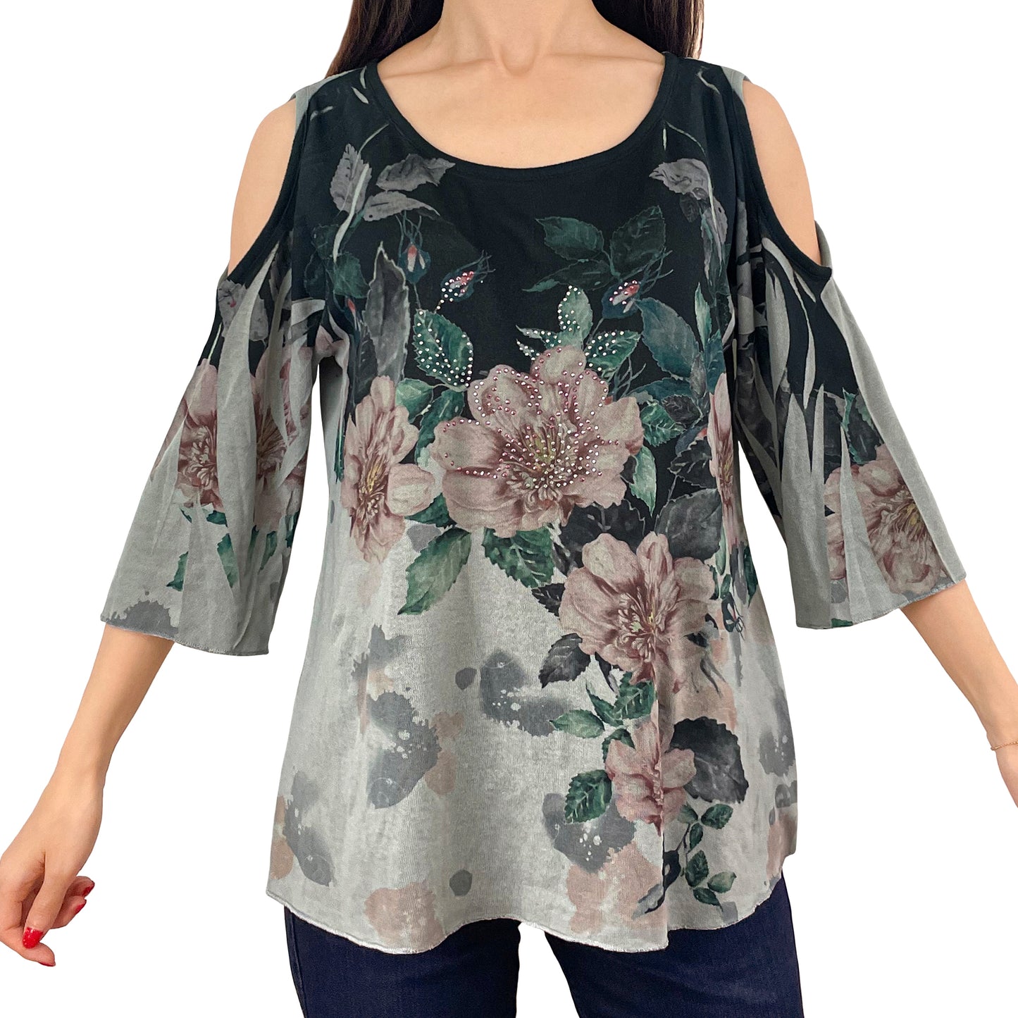 Cold Shoulder Light Grey Sparkly Rhinestone Printed Floral Knitted Shirt