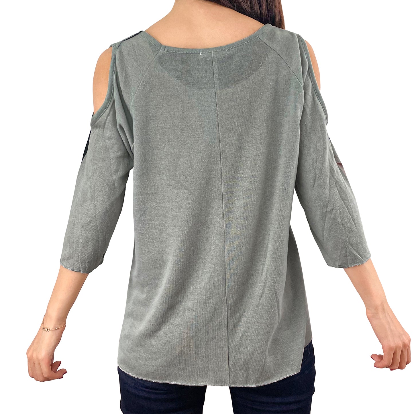 Cold Shoulder Light Grey Sparkly Rhinestone Printed Floral Knitted Shirt
