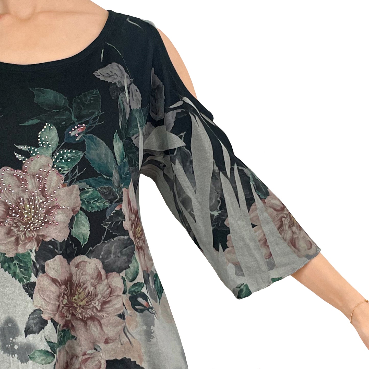 Cold Shoulder Light Grey Sparkly Rhinestone Printed Floral Knitted Shirt