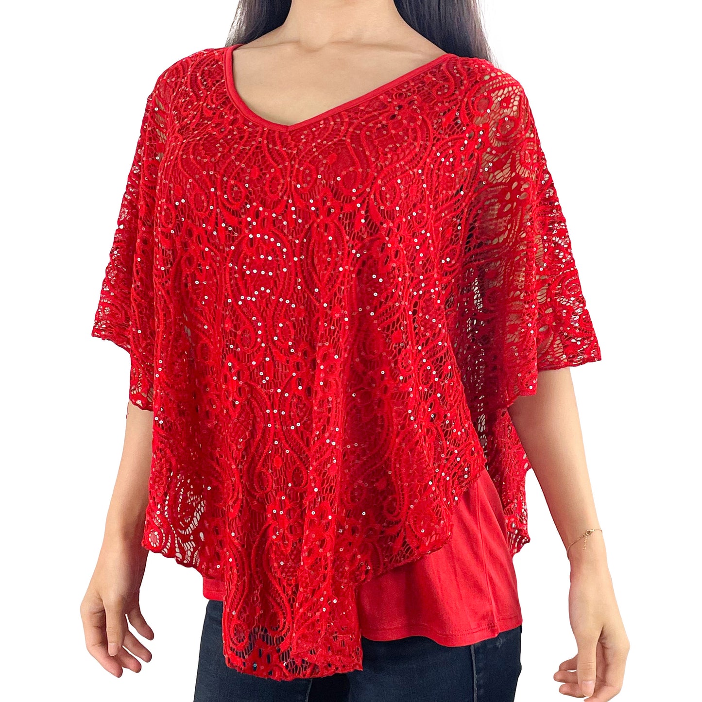 Classic Red Glitter Floral Lace V-Neck 3/4 Sleeve Poncho