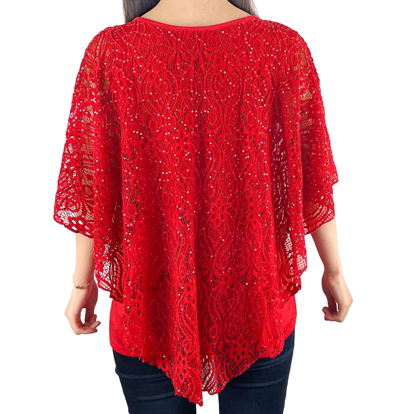 Classic Red Glitter Floral Lace V-Neck 3/4 Sleeve Poncho