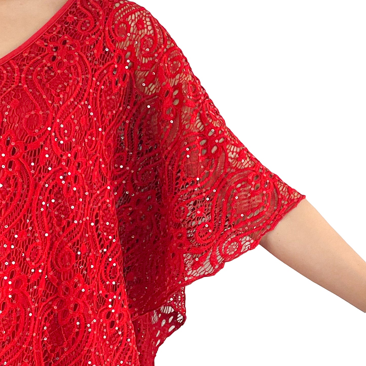 Classic Red Glitter Floral Lace V-Neck 3/4 Sleeve Poncho