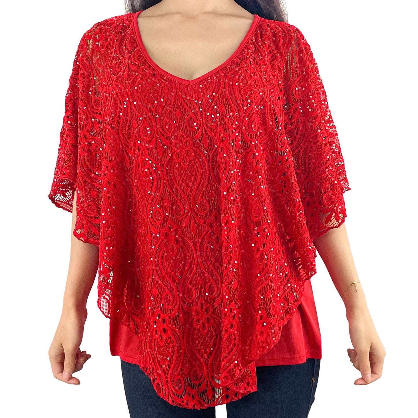 Classic Red Glitter Floral Lace V-Neck 3/4 Sleeve Poncho