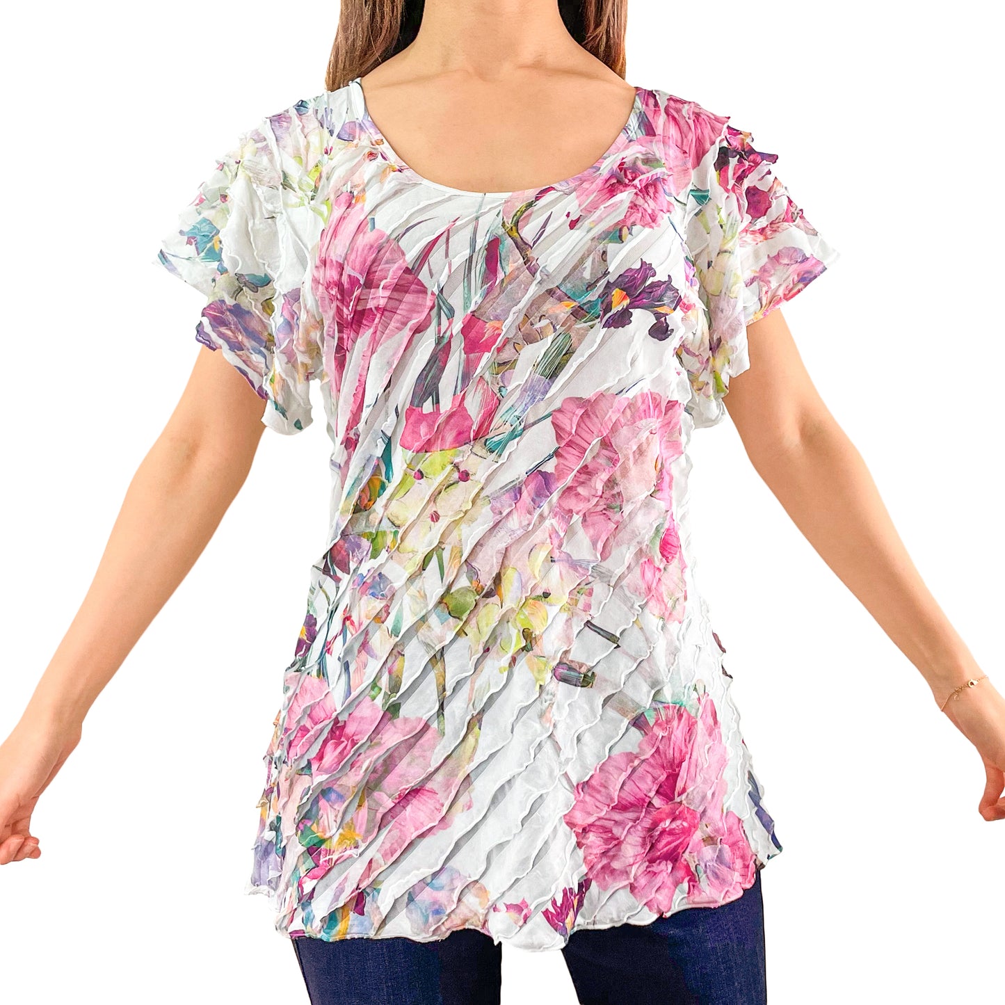 Mixed Pink Floral Print White Layered Stretch Mesh Tunic Knit Blouse