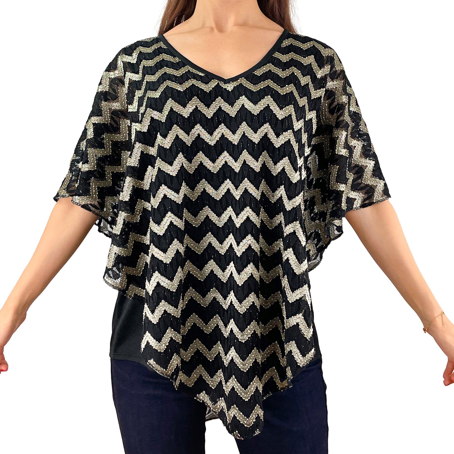 Shiny Gold/Black Chevron Lace V-Neck 3/4 Sleeve Poncho