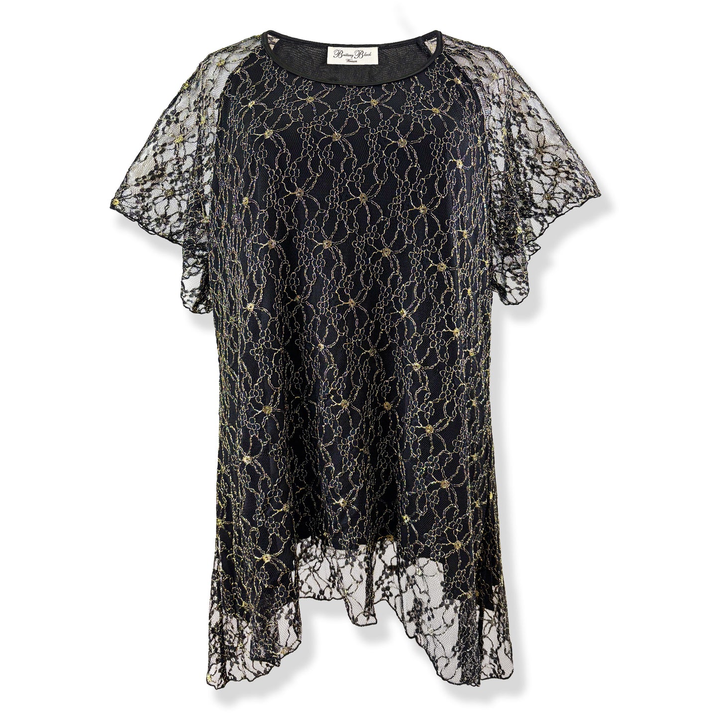 Flutter Short Sleeve Black/Gold Embroidery Floral Lace Top