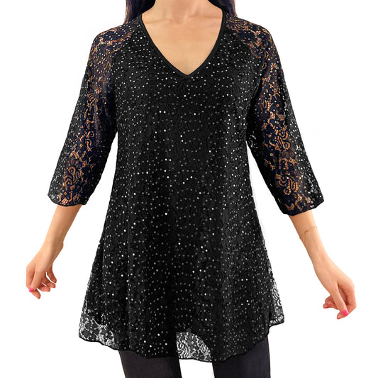 3/4 Sleeve Black V-Neck Glitter Sequins Floral Lace Top