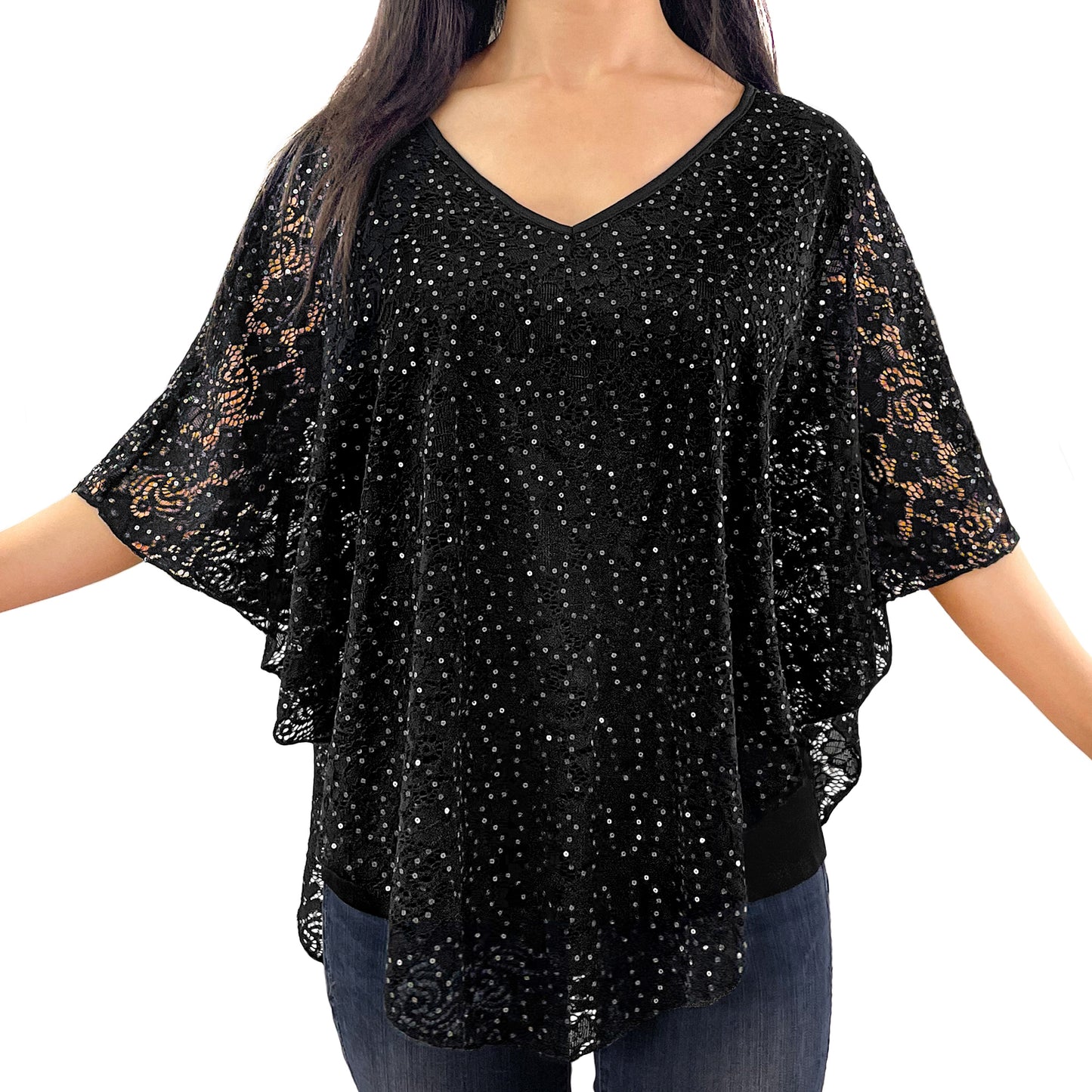 Glitter Graphic Floral Lace V-Neck 3/4 Sleeve Poncho