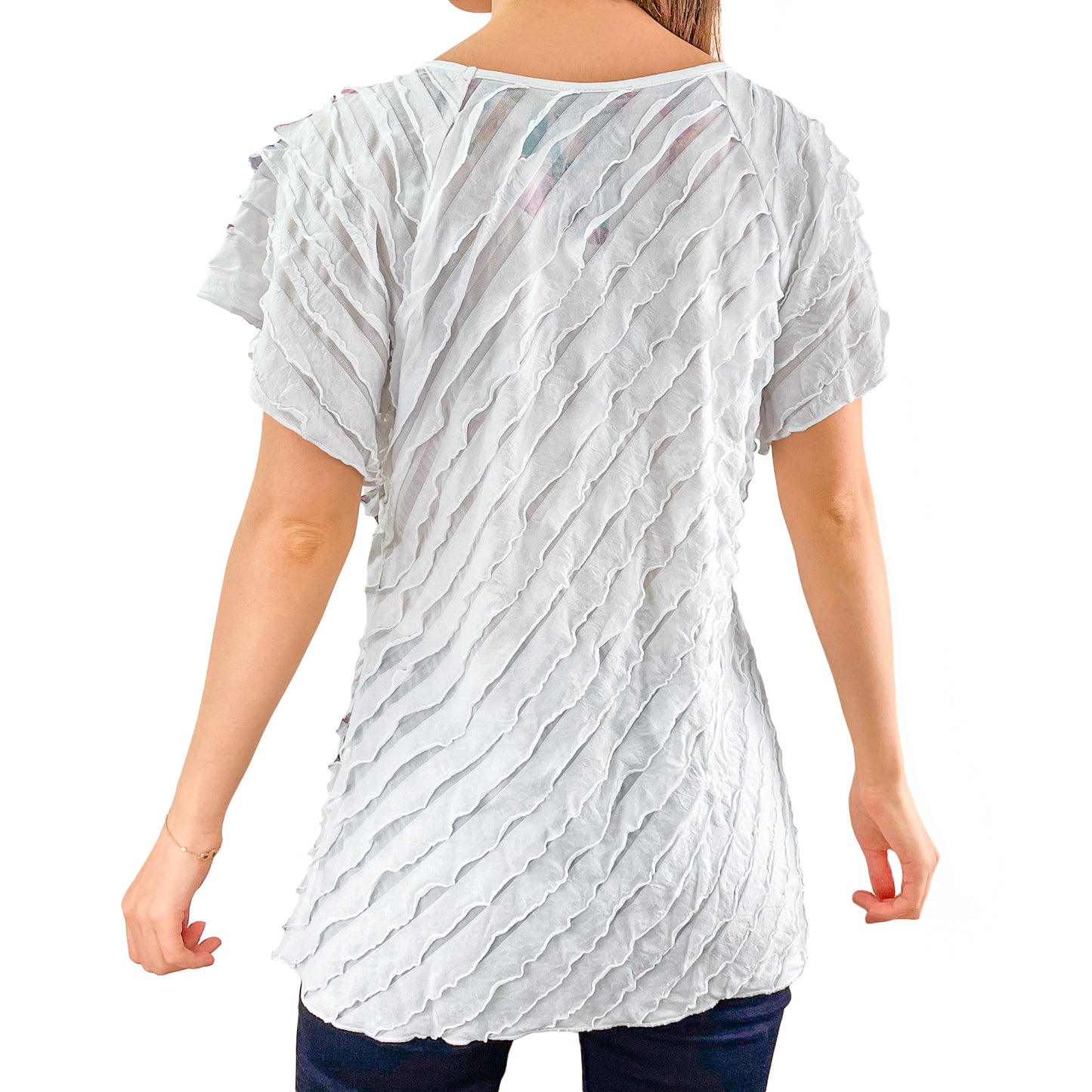 Mixed Pink Floral Print White Layered Stretch Mesh Tunic Knit Blouse