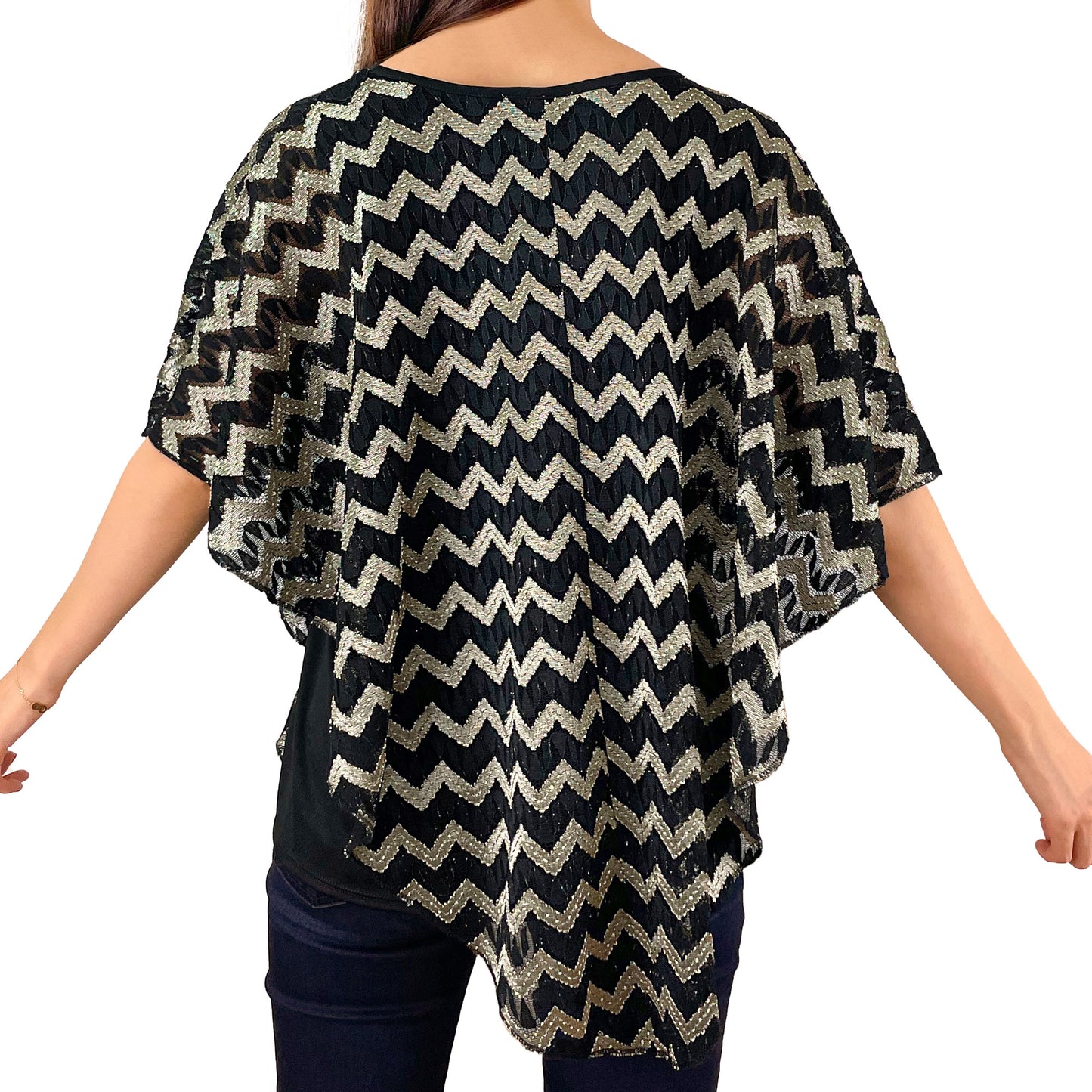 Shiny Gold/Black Chevron Lace V-Neck 3/4 Sleeve Poncho