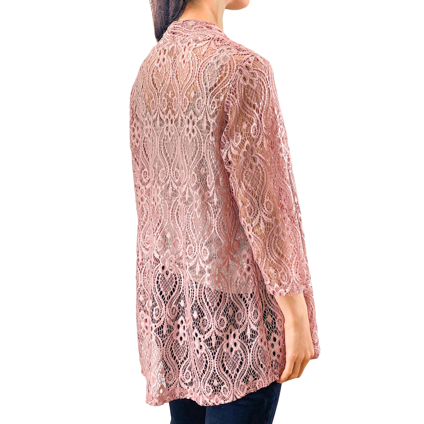 Dusty Rose Pink Sequin Glitter Floral Lace 3/4 Sleeve Cardigan