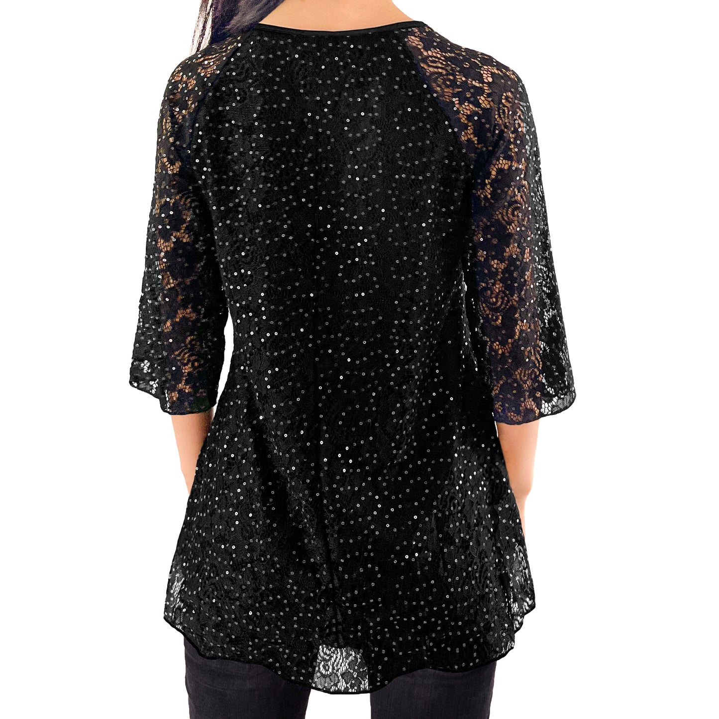 3/4 Sleeve Black V-Neck Glitter Sequins Floral Lace Top