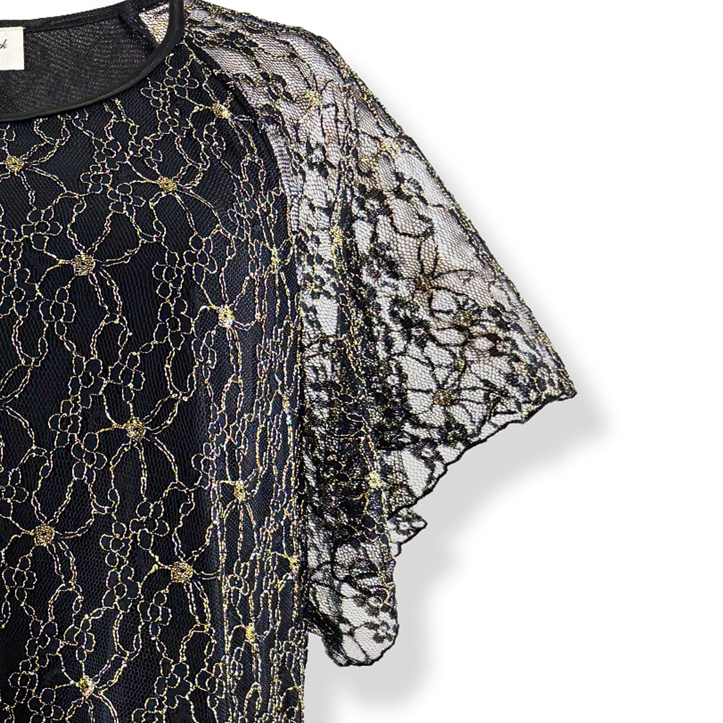 Flutter Short Sleeve Black/Gold Embroidery Floral Lace Top