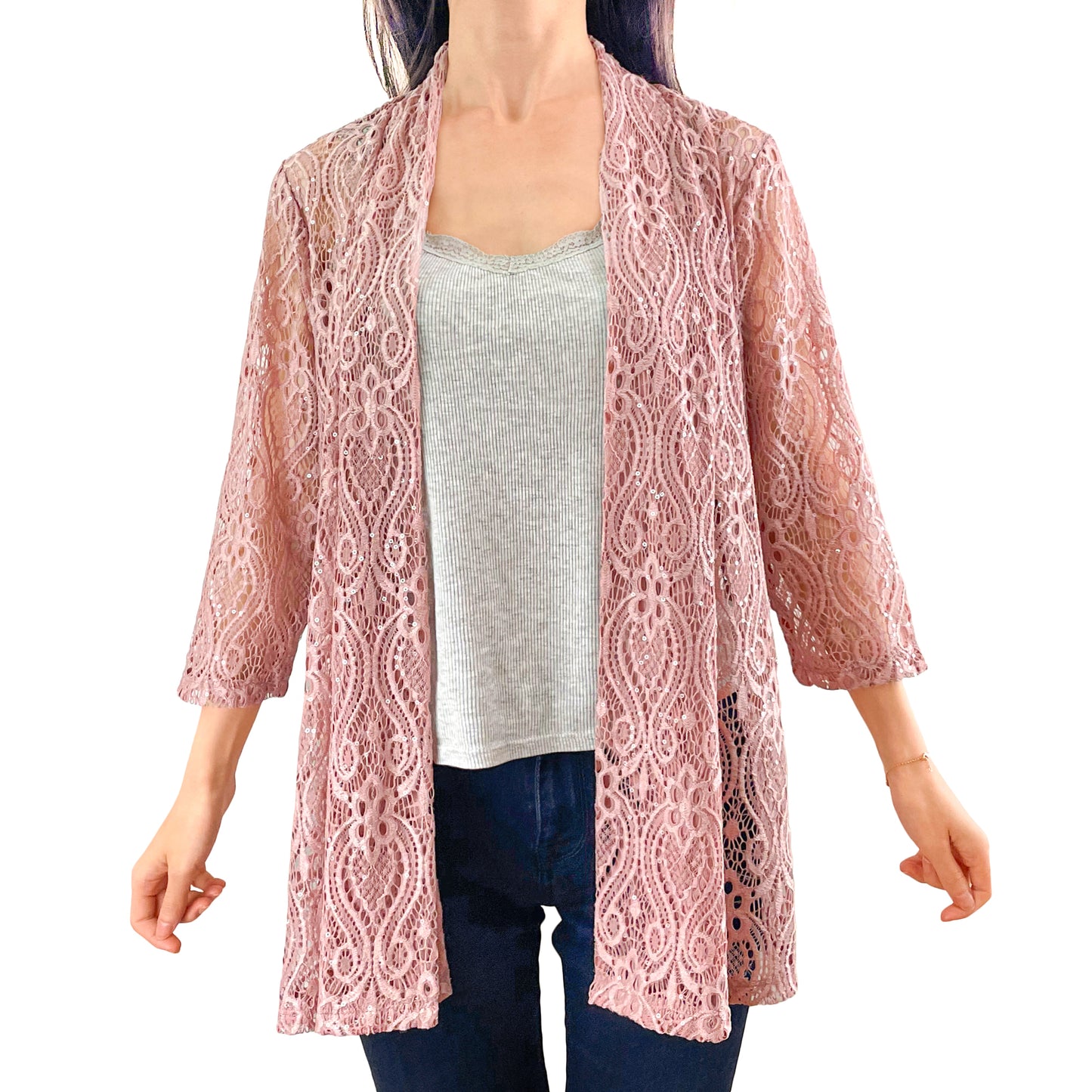 Dusty Rose Pink Sequin Glitter Floral Lace 3/4 Sleeve Cardigan