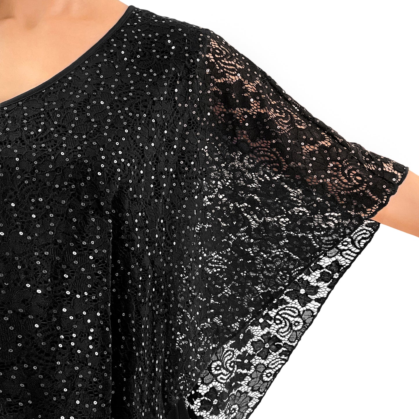Glitter Graphic Floral Lace V-Neck 3/4 Sleeve Poncho
