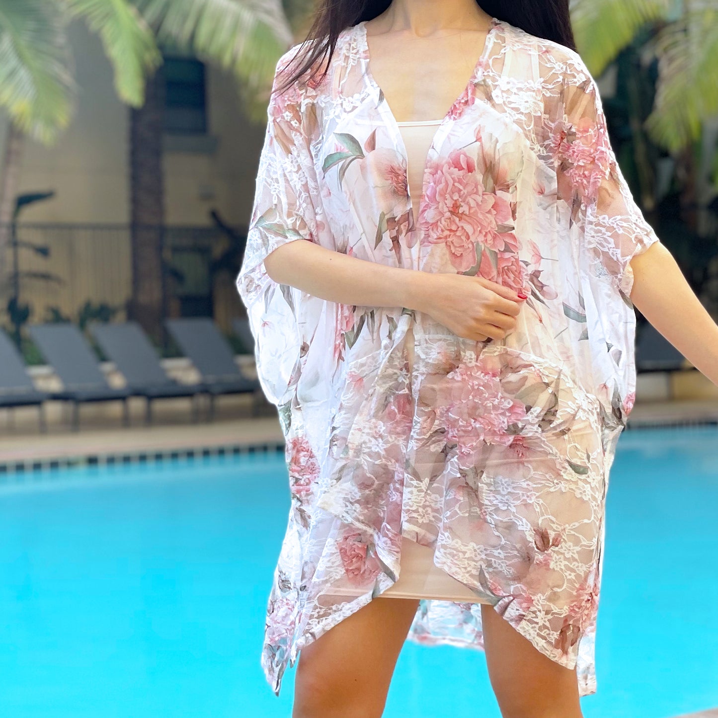 Printed Beige Peach Pink Floral Relaxed Fit Kimono Loose Cover Up