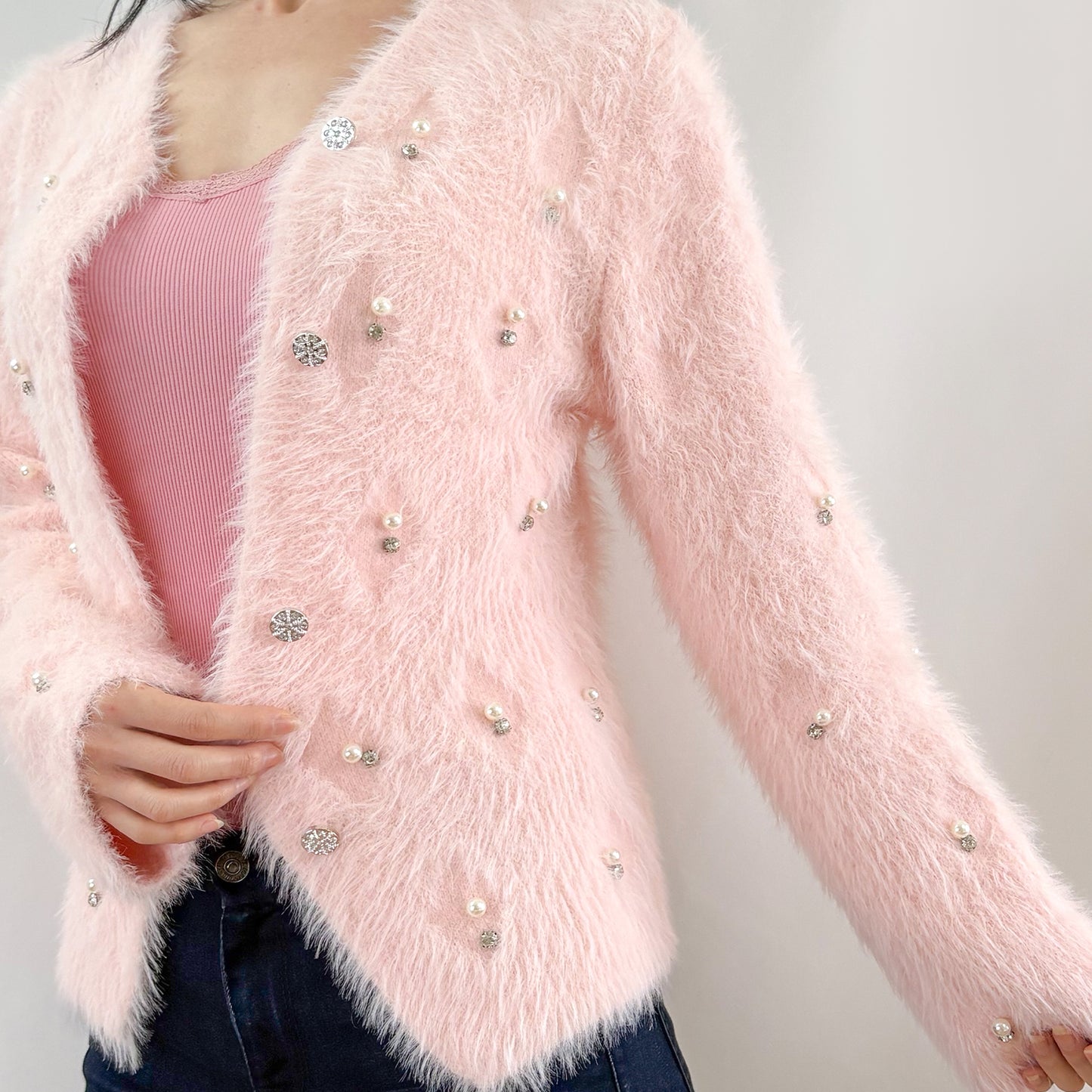 Soft Light Pink Embellishment Furry Knit Cozy Cardigan