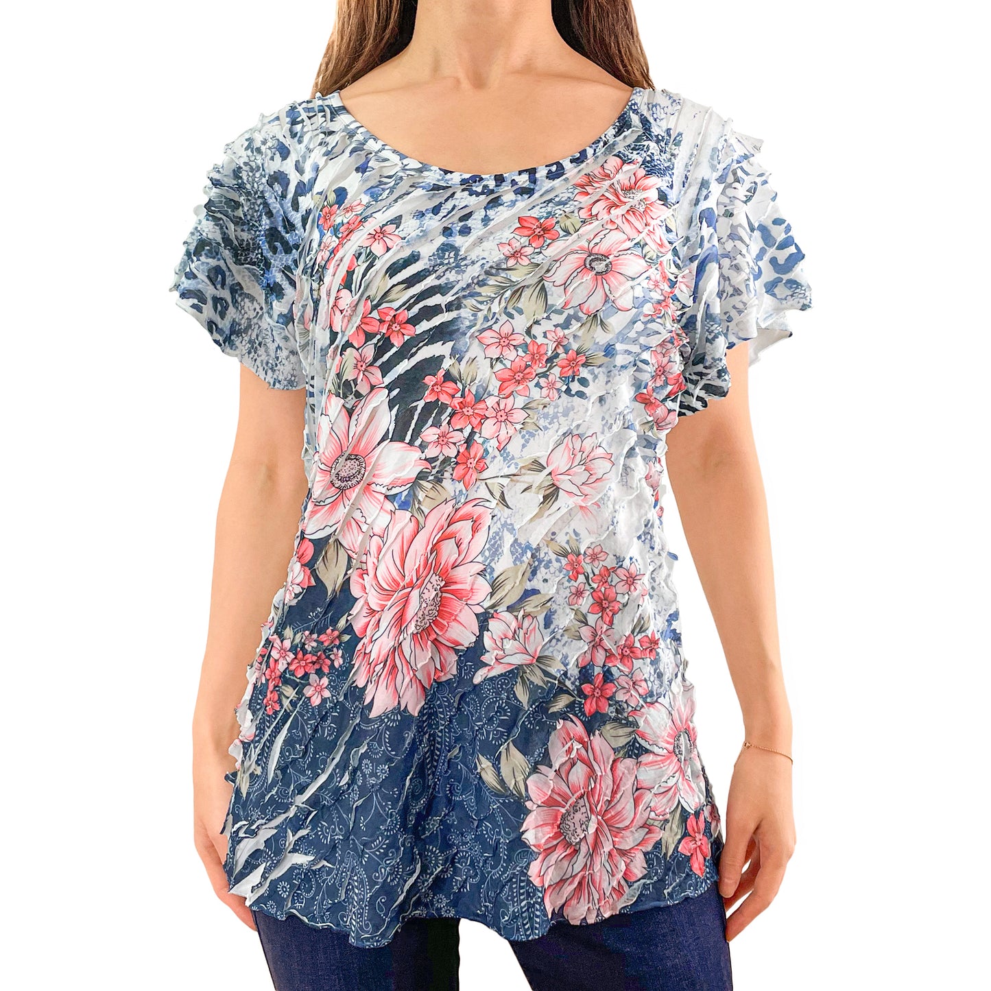 Animal Floral Print White Layered Stretch Mesh Tunic Knit Blouse