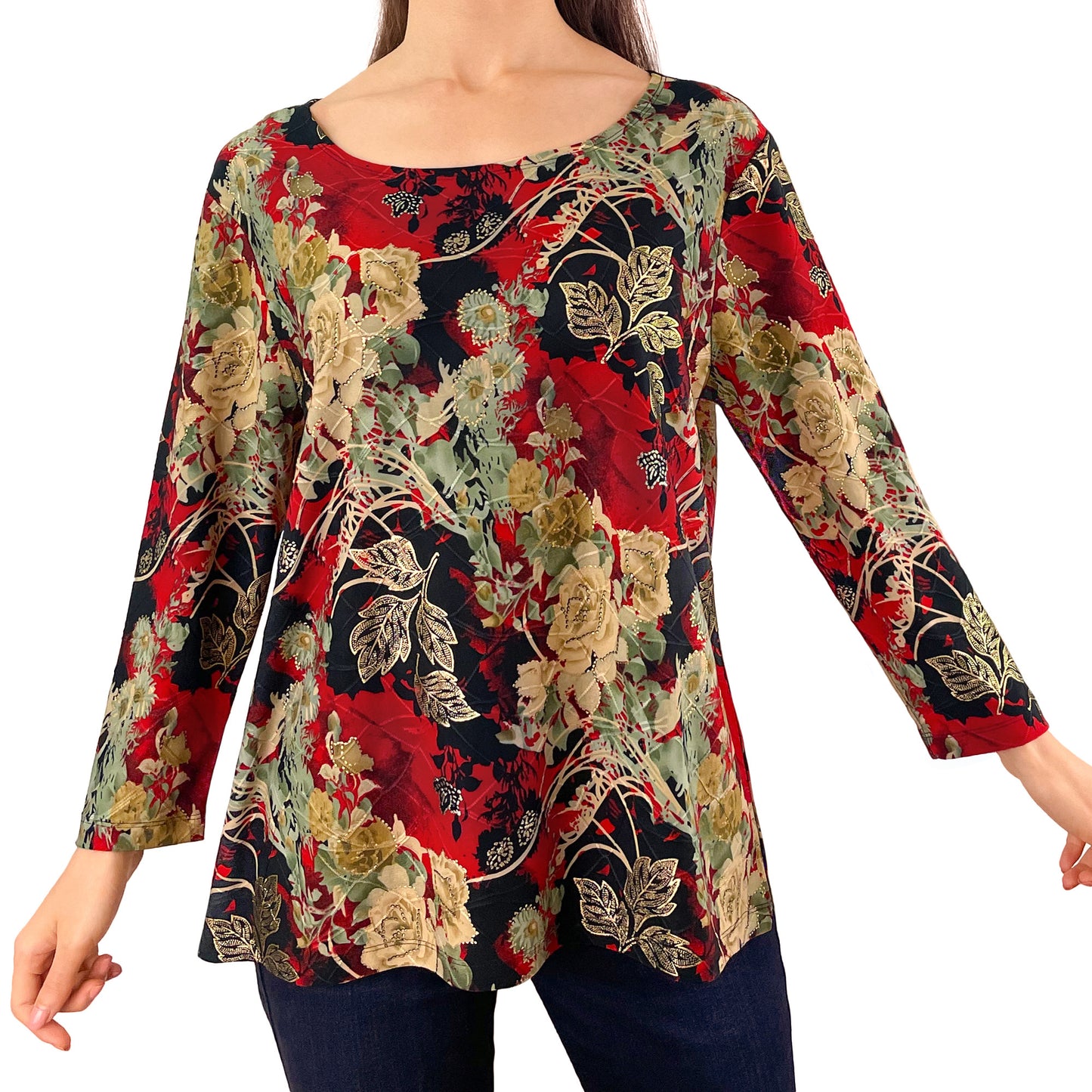 Rose/Gold Foil Stretch Textured Jacquard Tunic Shirt Knit Top