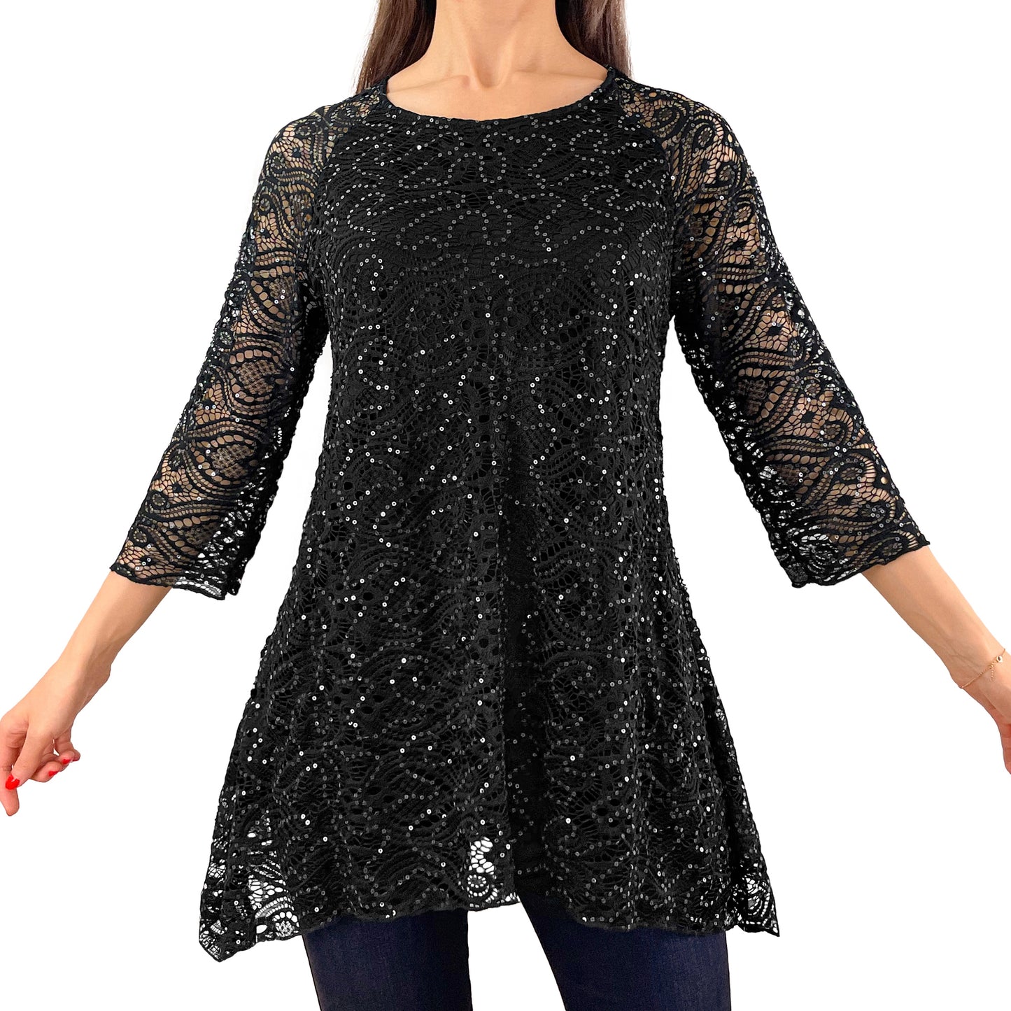 3/4 Sleeve Classic Black Floral Glitter Sequins Lace Top