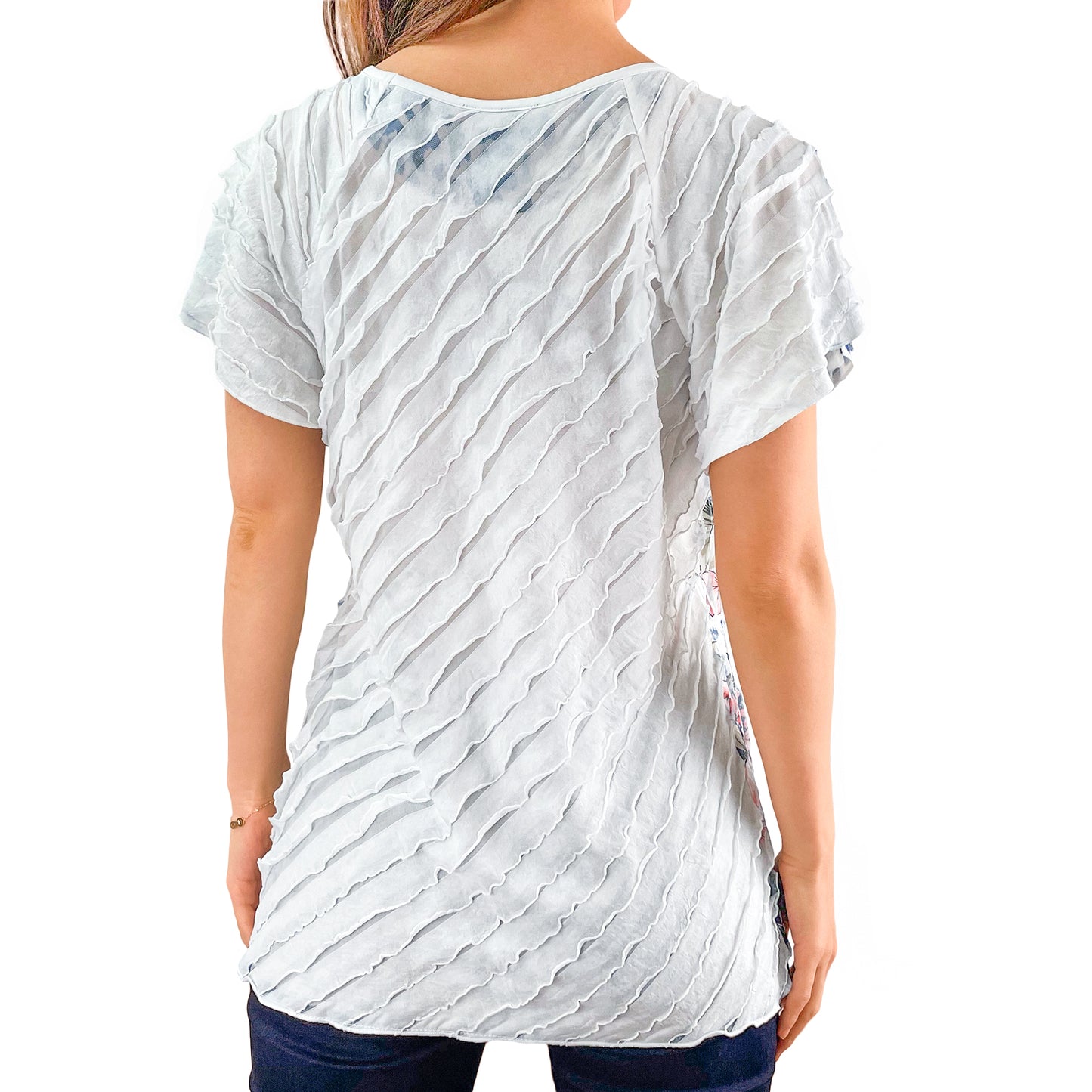 Animal Floral Print White Layered Stretch Mesh Tunic Knit Blouse