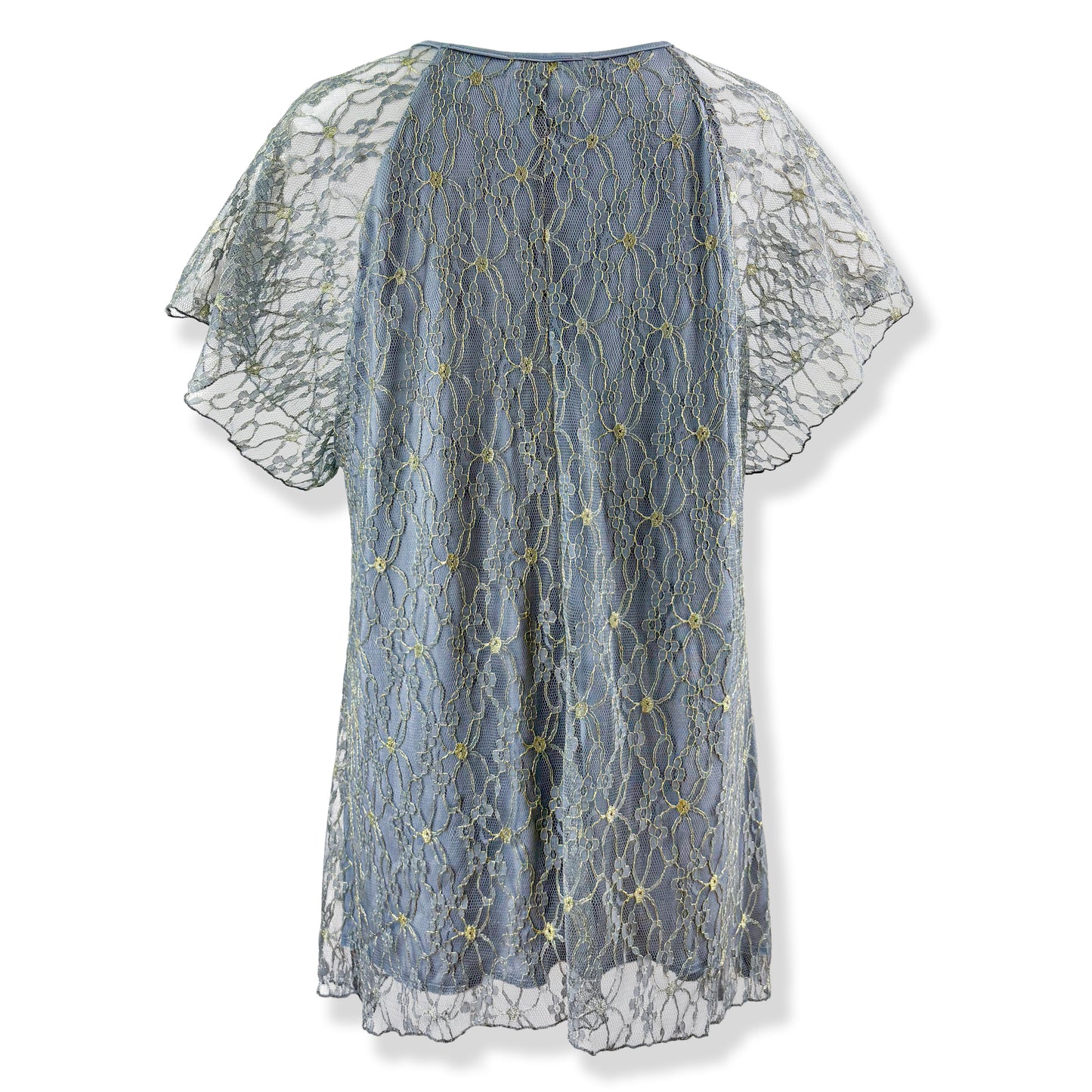 Flutter Short Sleeve Dusty Blue Gray/Gold Embroidery Floral Lace Top