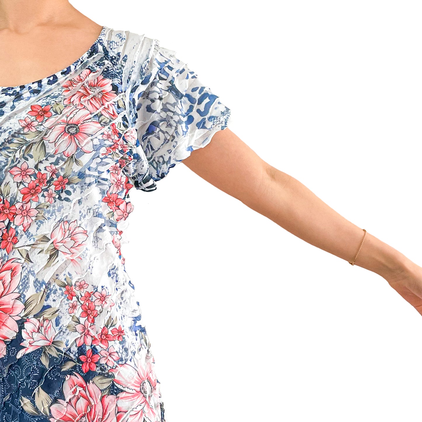 Animal Floral Print White Layered Stretch Mesh Tunic Knit Blouse