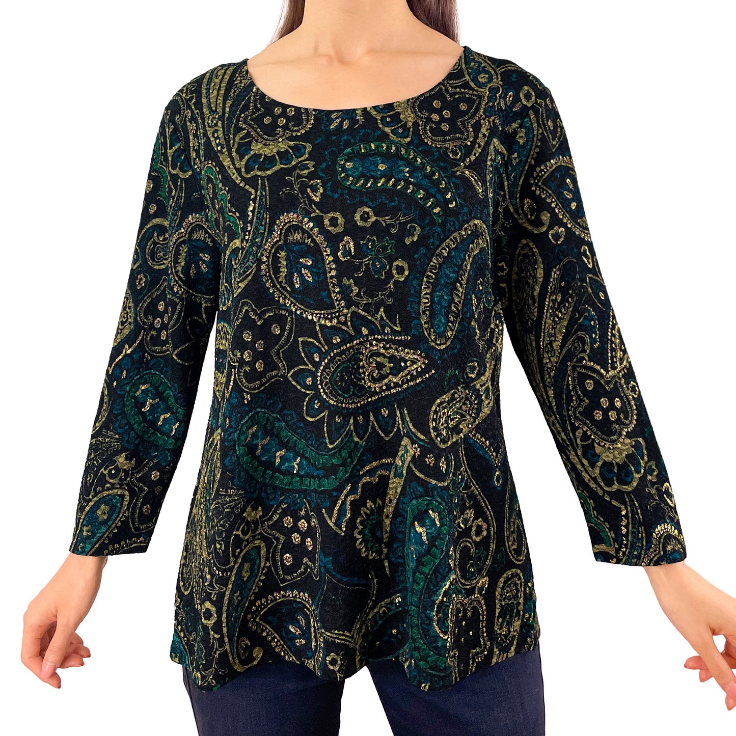 Teal Black Paisley/Gold Foil Stretch Textured Fukuro Tunic Shirt Knit Top