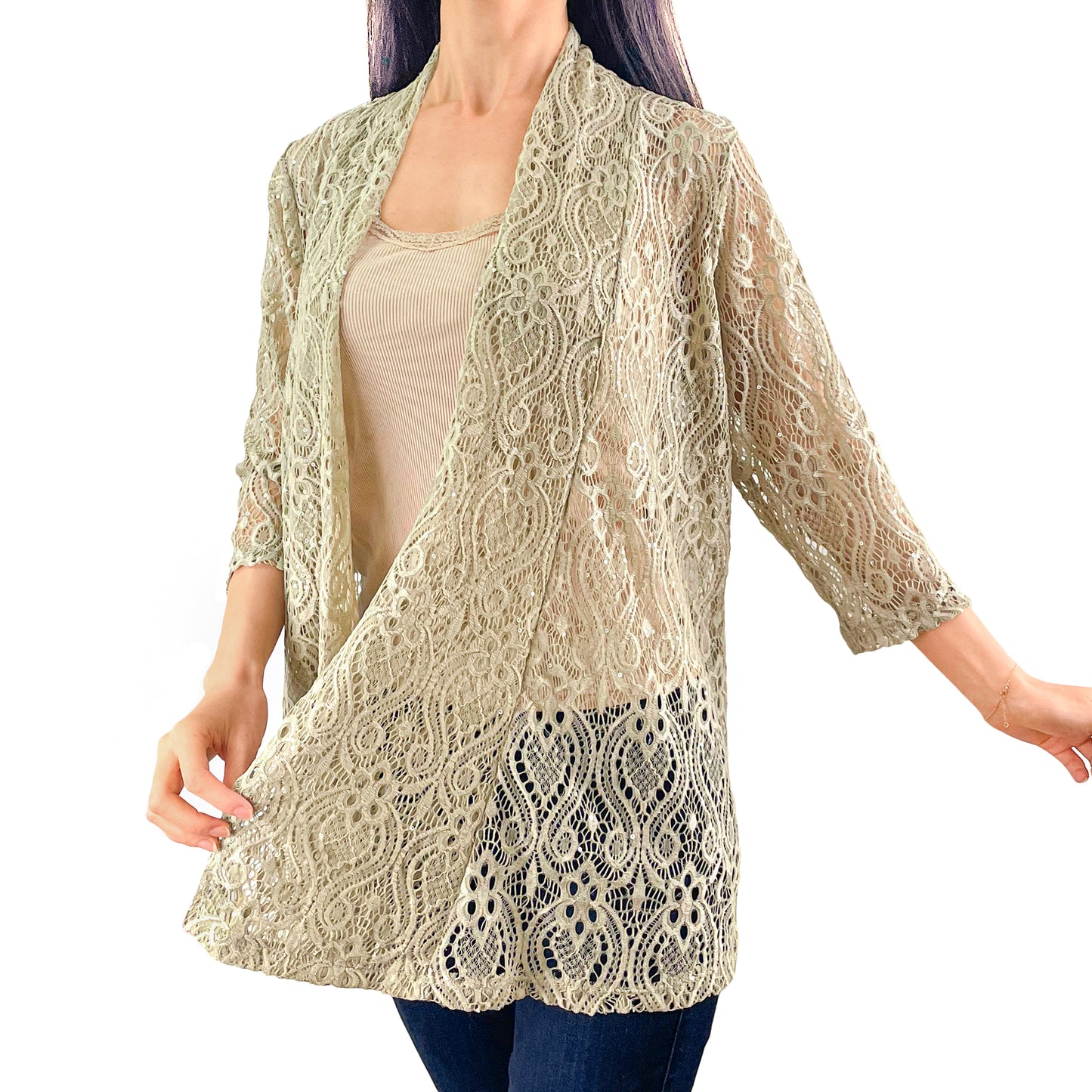 Light Taupe Sequin Glitter Floral Lace 3/4 Sleeve Cardigan