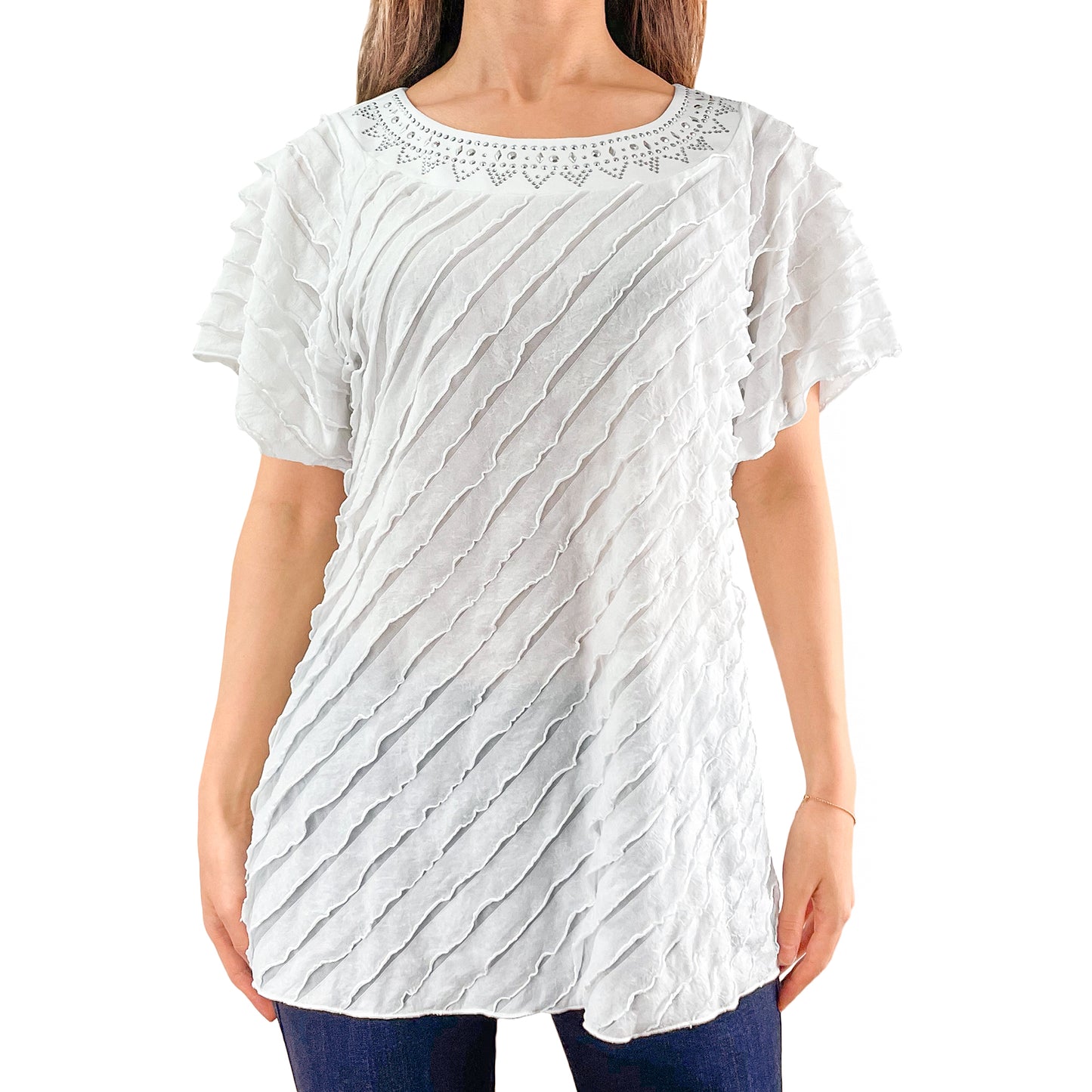 Studs Neckline White Layered Stretch Mesh Tunic Knit Blouse