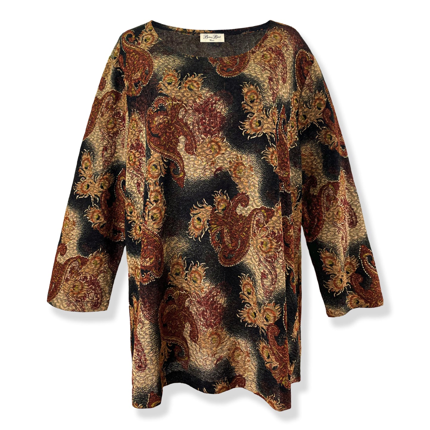 Brown Black Paisley/Gold Foil Stretch Textured Fukuro Tunic Shirt Knit Top