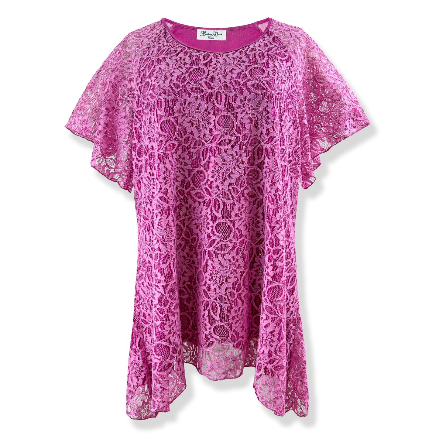 Flutter Short Sleeve Two-Tone Shiny Pink Floral Lace Top