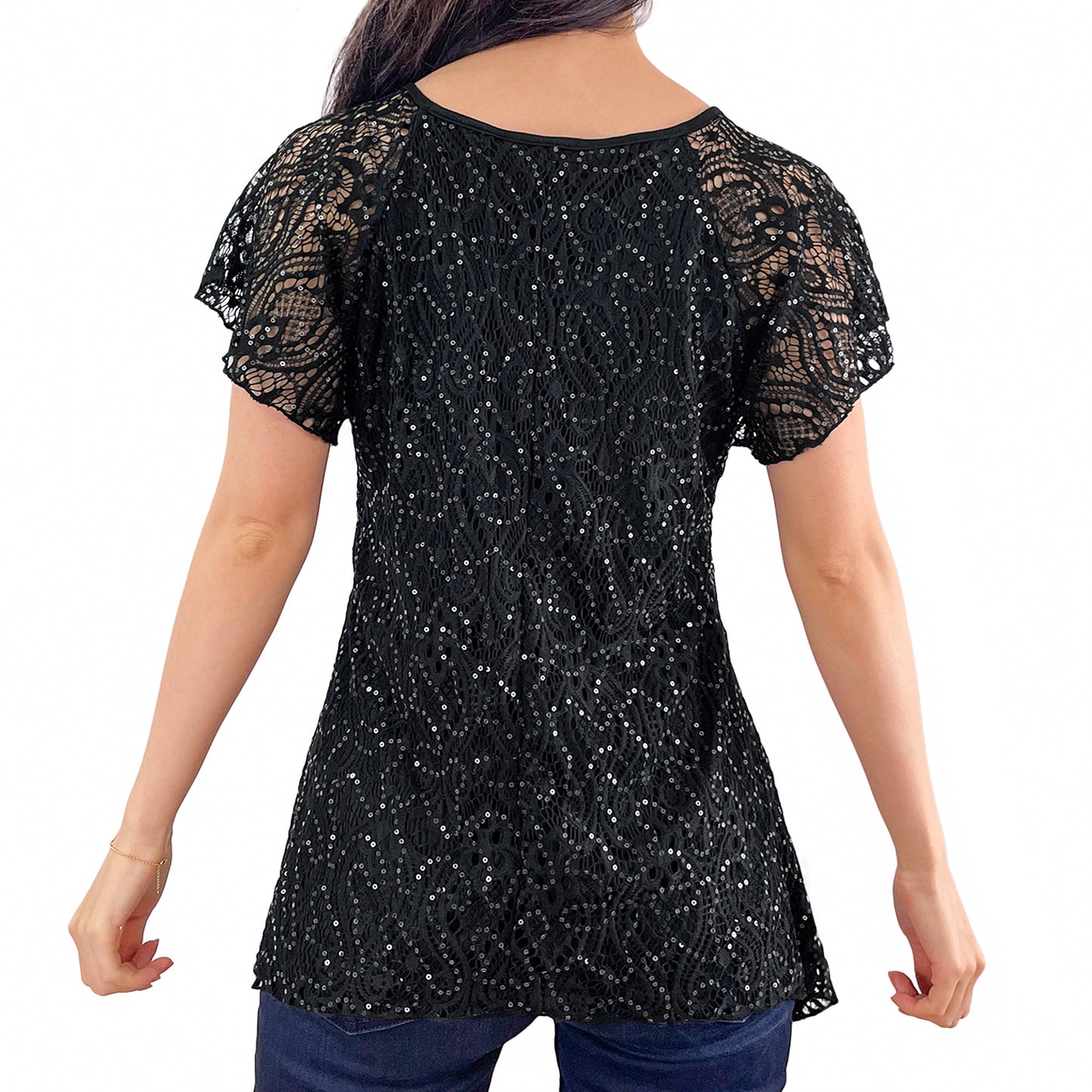 Flutter Short Sleeve Black Floral Glitter Sequins Lace Top