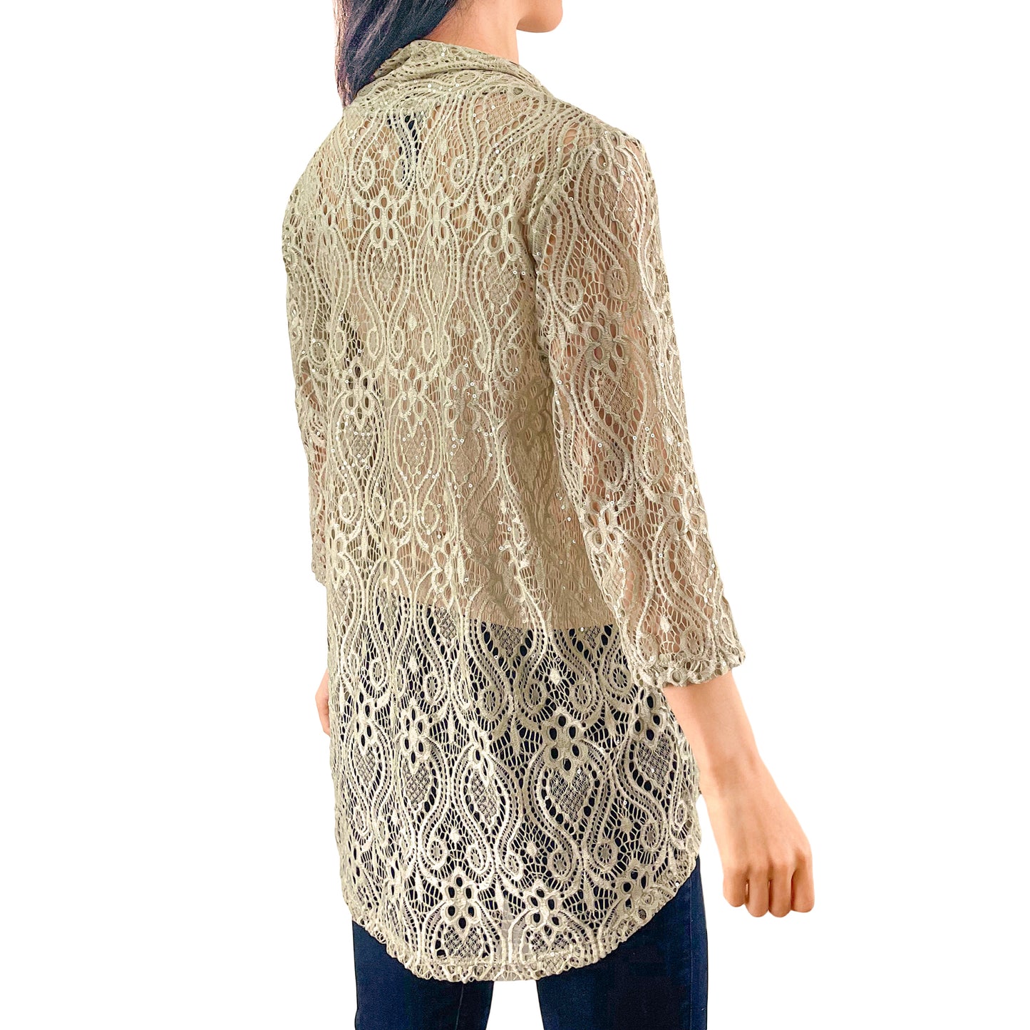 Light Taupe Sequin Glitter Floral Lace 3/4 Sleeve Cardigan