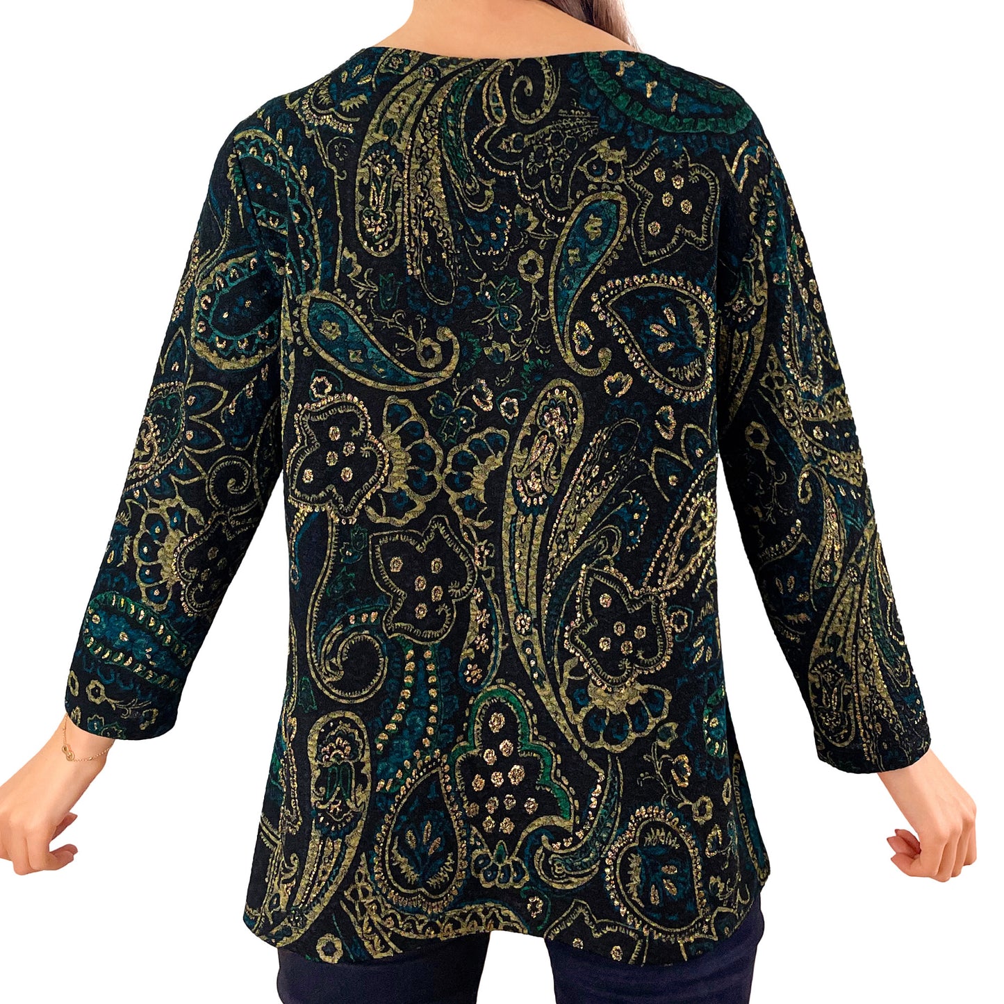 Teal Black Paisley/Gold Foil Stretch Textured Fukuro Tunic Shirt Knit Top