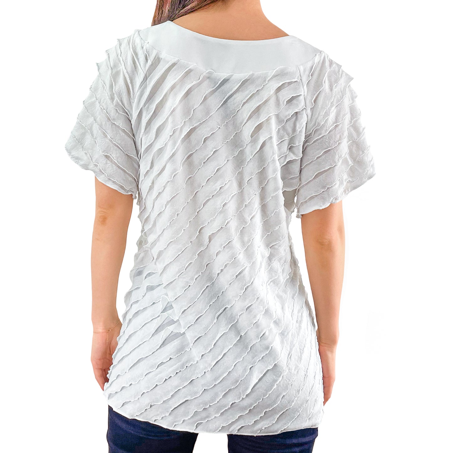Studs Neckline White Layered Stretch Mesh Tunic Knit Blouse