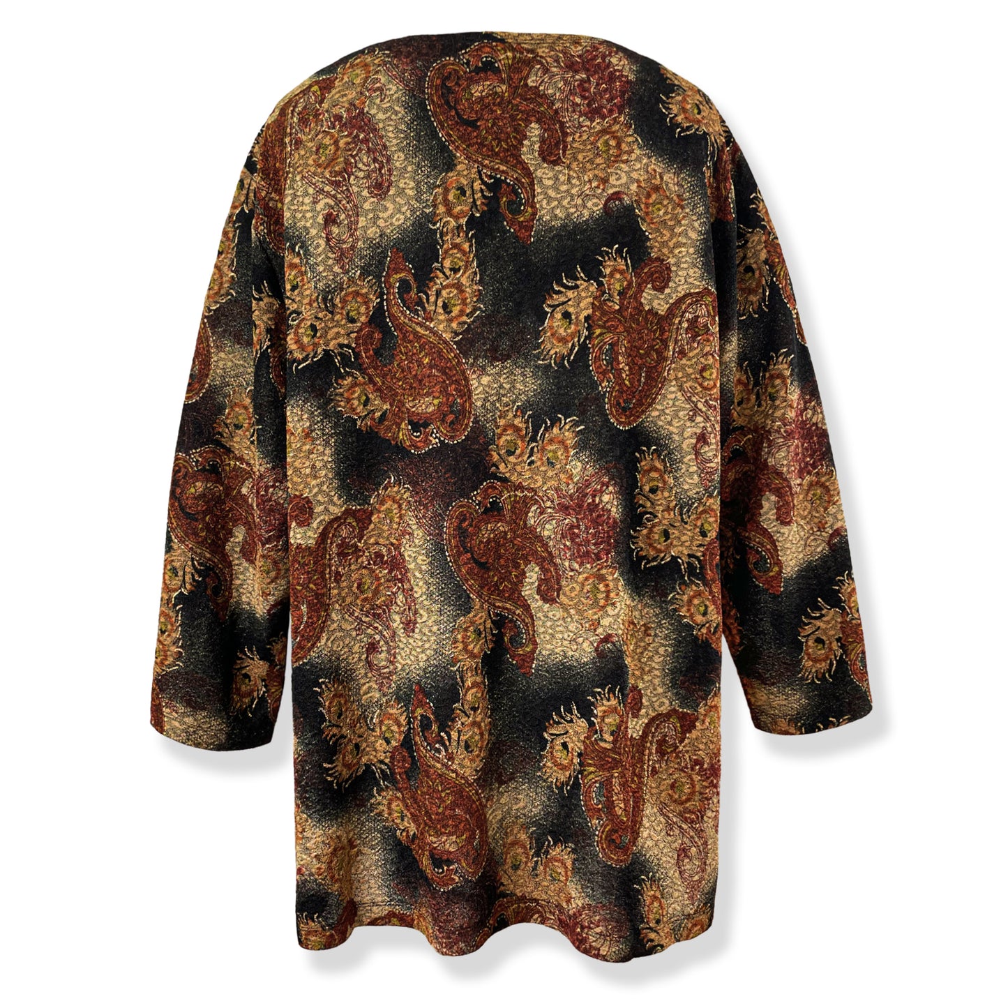 Brown Black Paisley/Gold Foil Stretch Textured Fukuro Tunic Shirt Knit Top