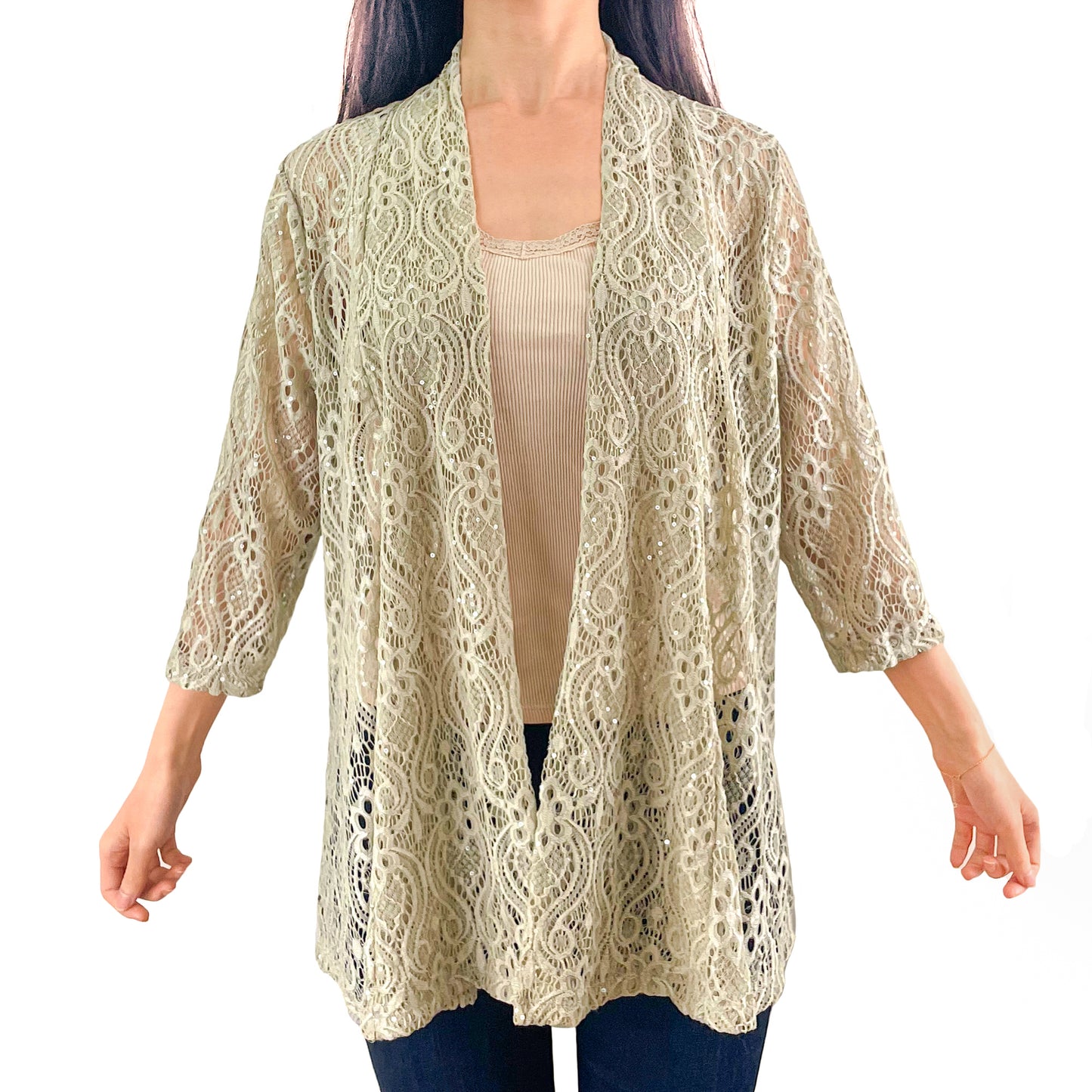 Light Taupe Sequin Glitter Floral Lace 3/4 Sleeve Cardigan