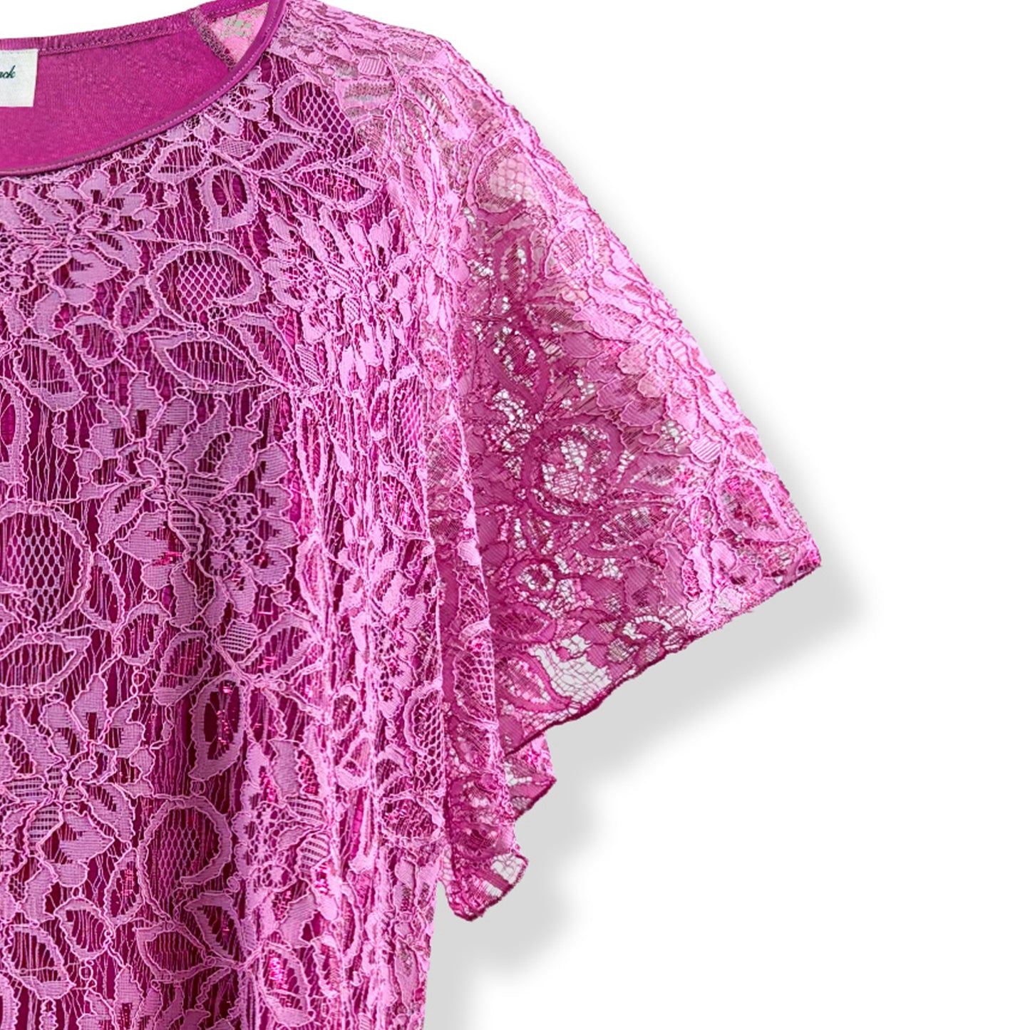 Flutter Short Sleeve Two-Tone Shiny Pink Floral Lace Top