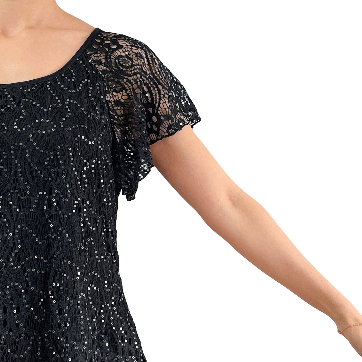 Flutter Short Sleeve Black Floral Glitter Sequins Lace Top