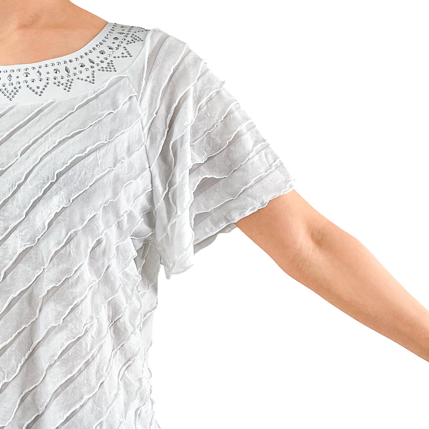Studs Neckline White Layered Stretch Mesh Tunic Knit Blouse