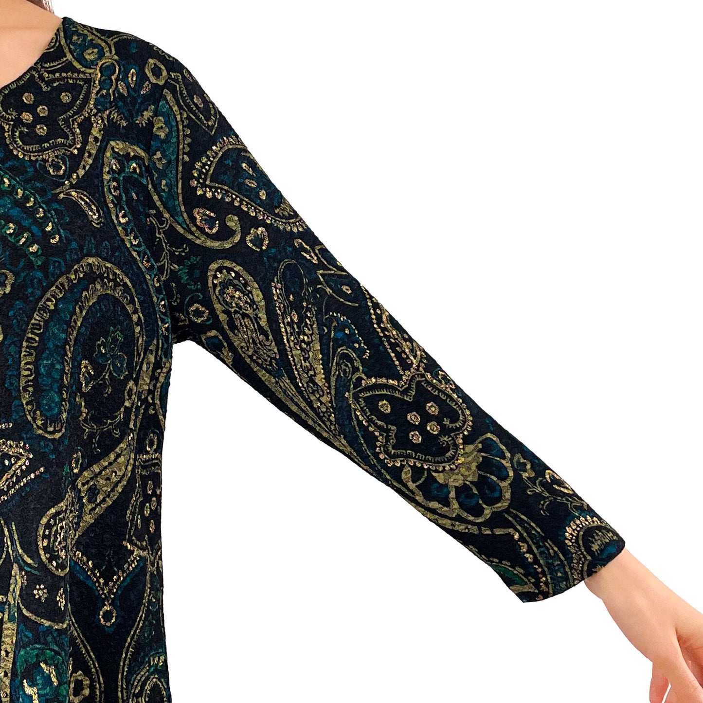 Teal Black Paisley/Gold Foil Stretch Textured Fukuro Tunic Shirt Knit Top