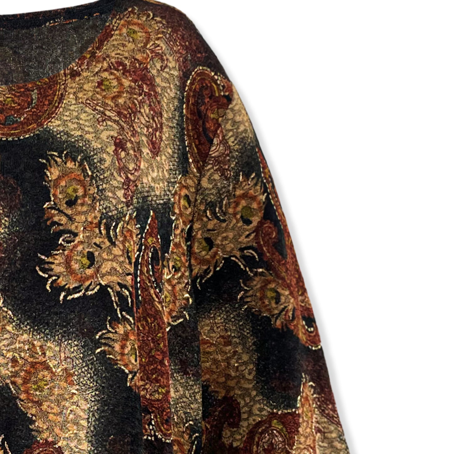 Brown Black Paisley/Gold Foil Stretch Textured Fukuro Tunic Shirt Knit Top