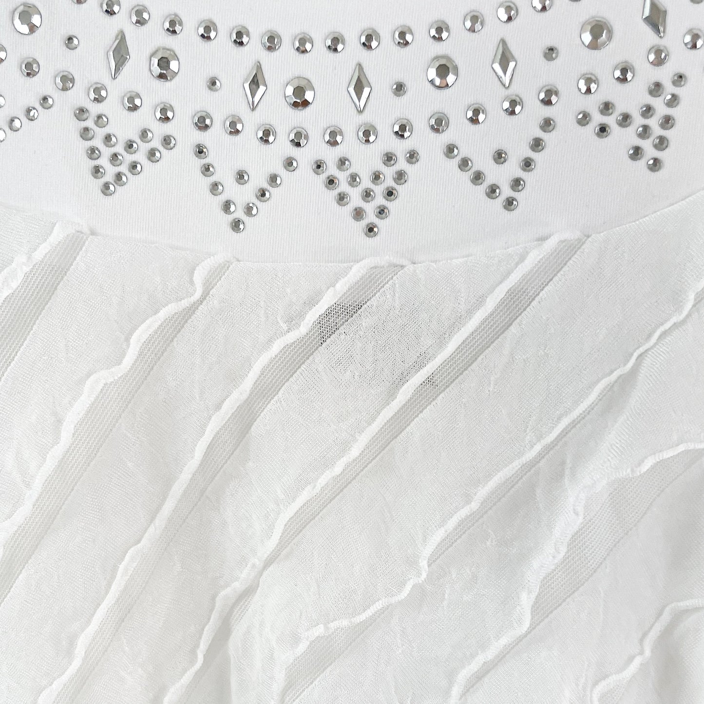 Studs Neckline White Layered Stretch Mesh Tunic Knit Blouse