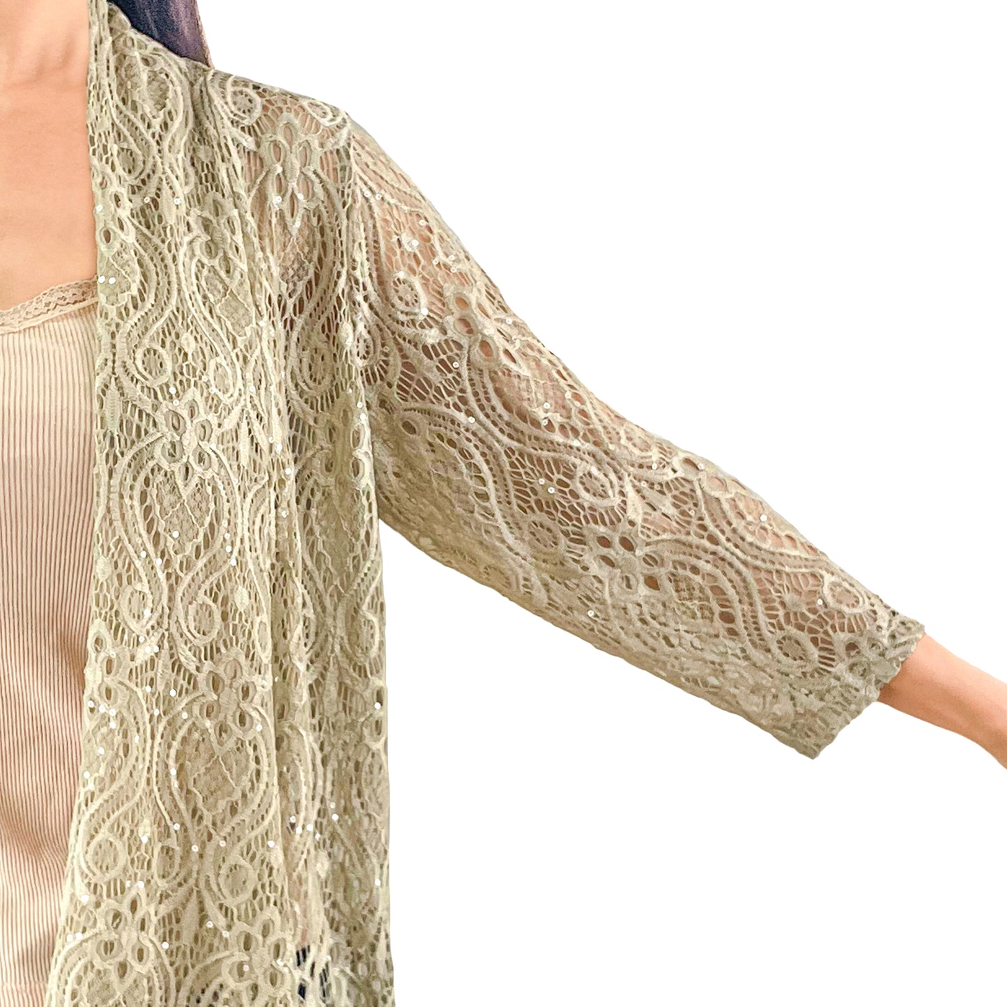 Light Taupe Sequin Glitter Floral Lace 3/4 Sleeve Cardigan