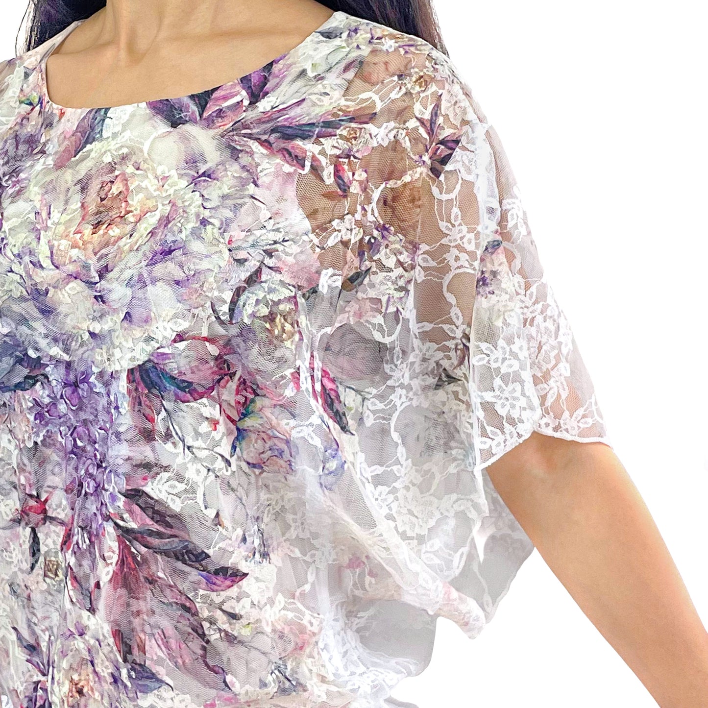 Yellow Purple Printed Floral 3/4 Sleeve Banded Bottom Lace Top