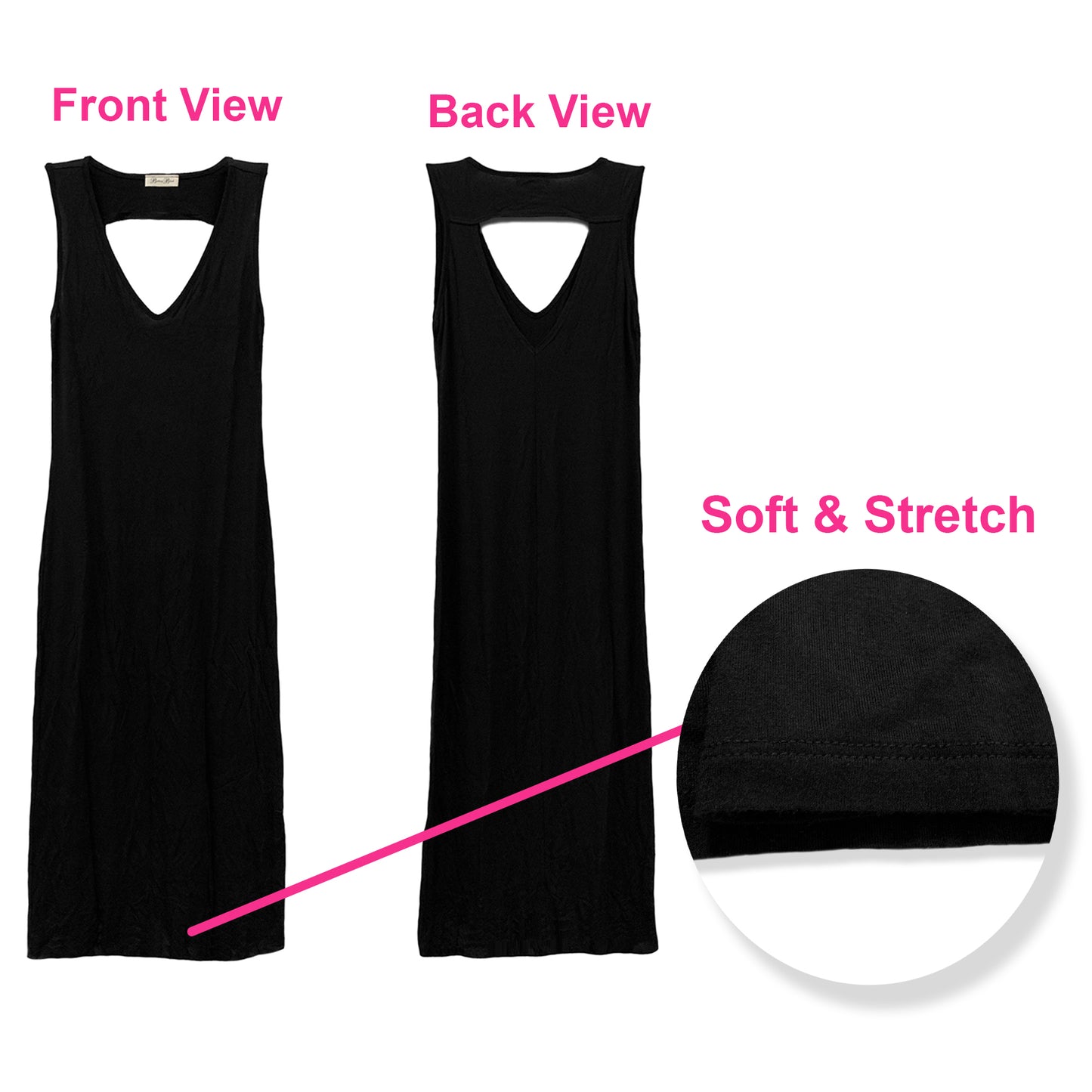 V-Neck Soft Stretchy Maxi Dress (Solid Black Color/Size Medium)