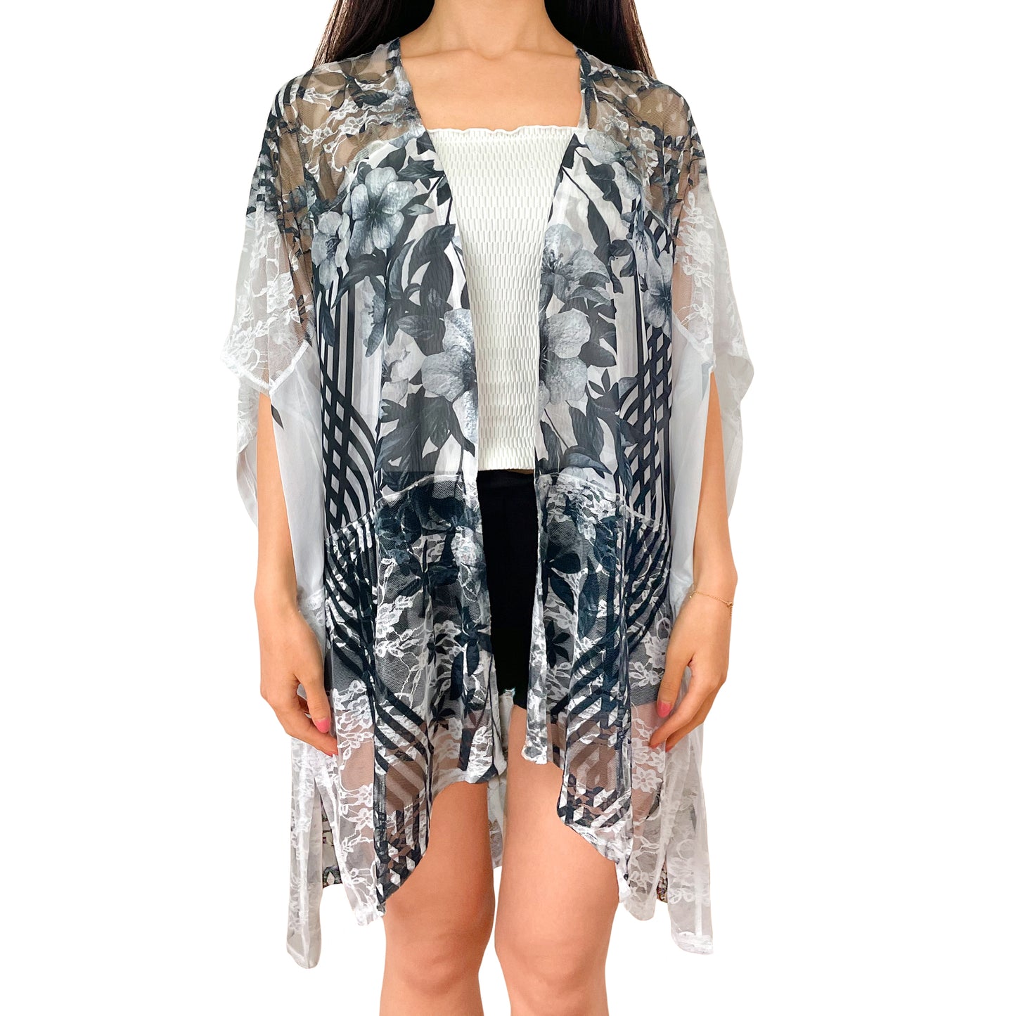 Printed Dark Charcoal Floral Relaxed Fit Kimono Loose Cover Up